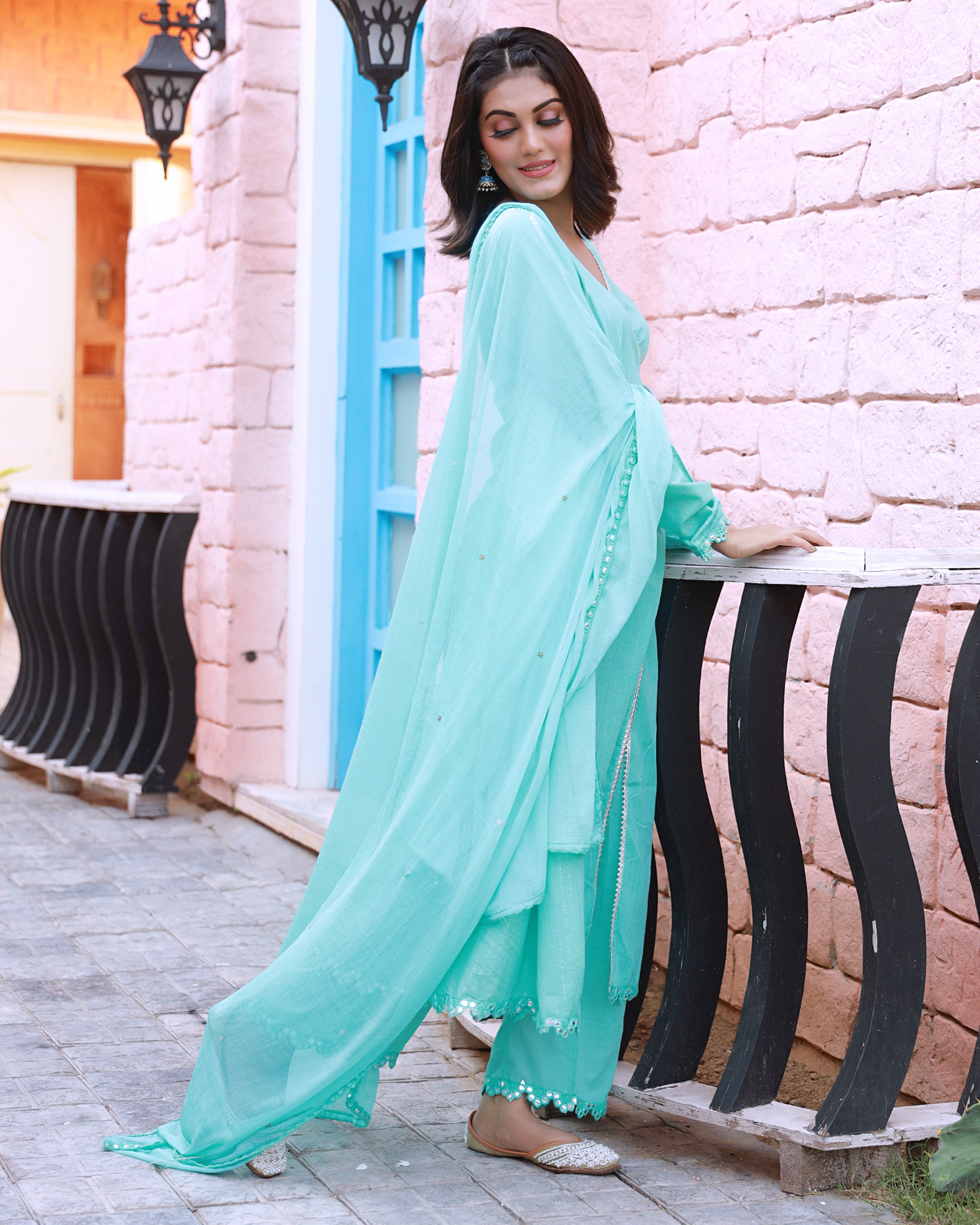 Sitara Turquoise Lurex Angrakha  Suit  Set