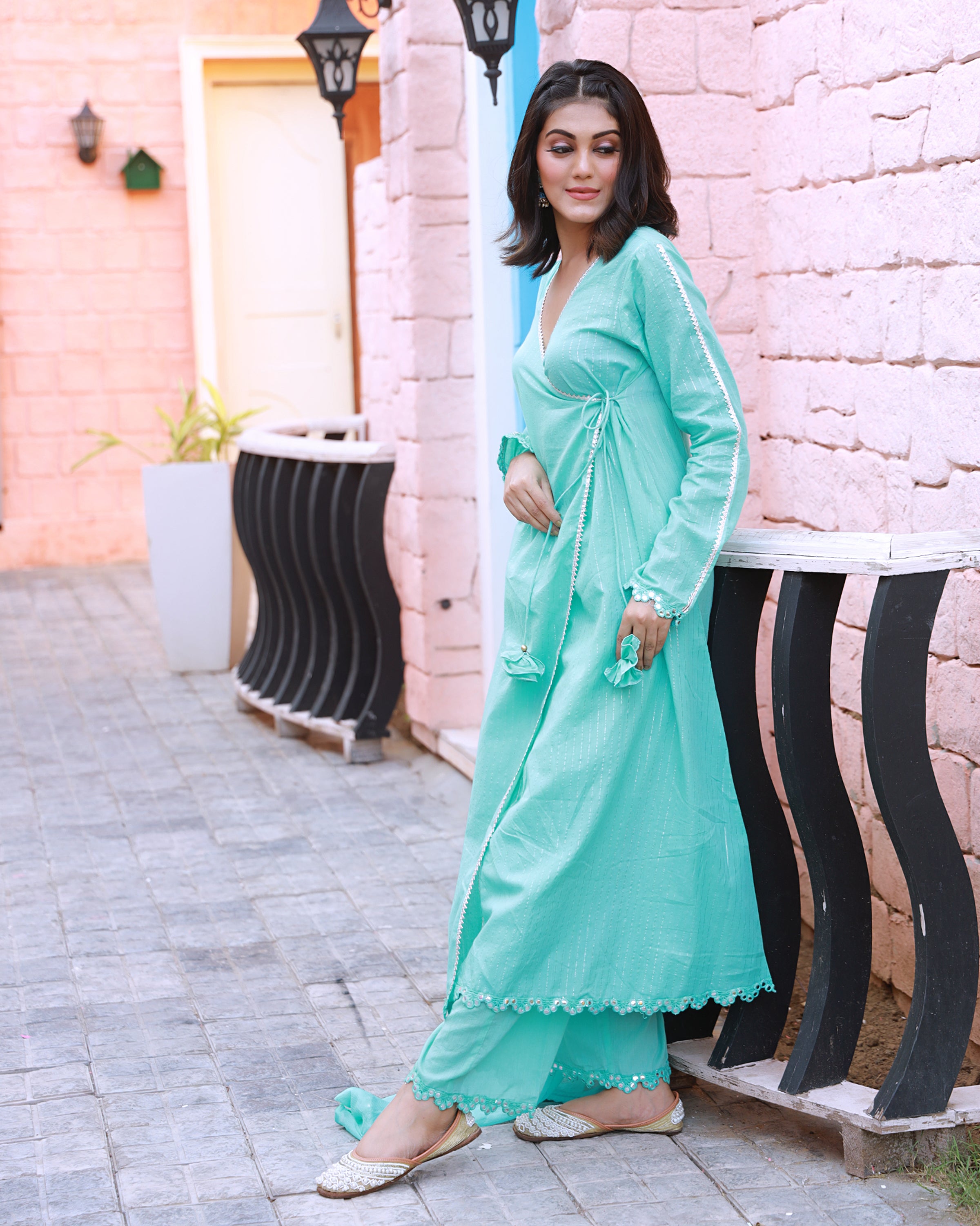 Sitara Turquoise Lurex Angrakha  Suit  Set