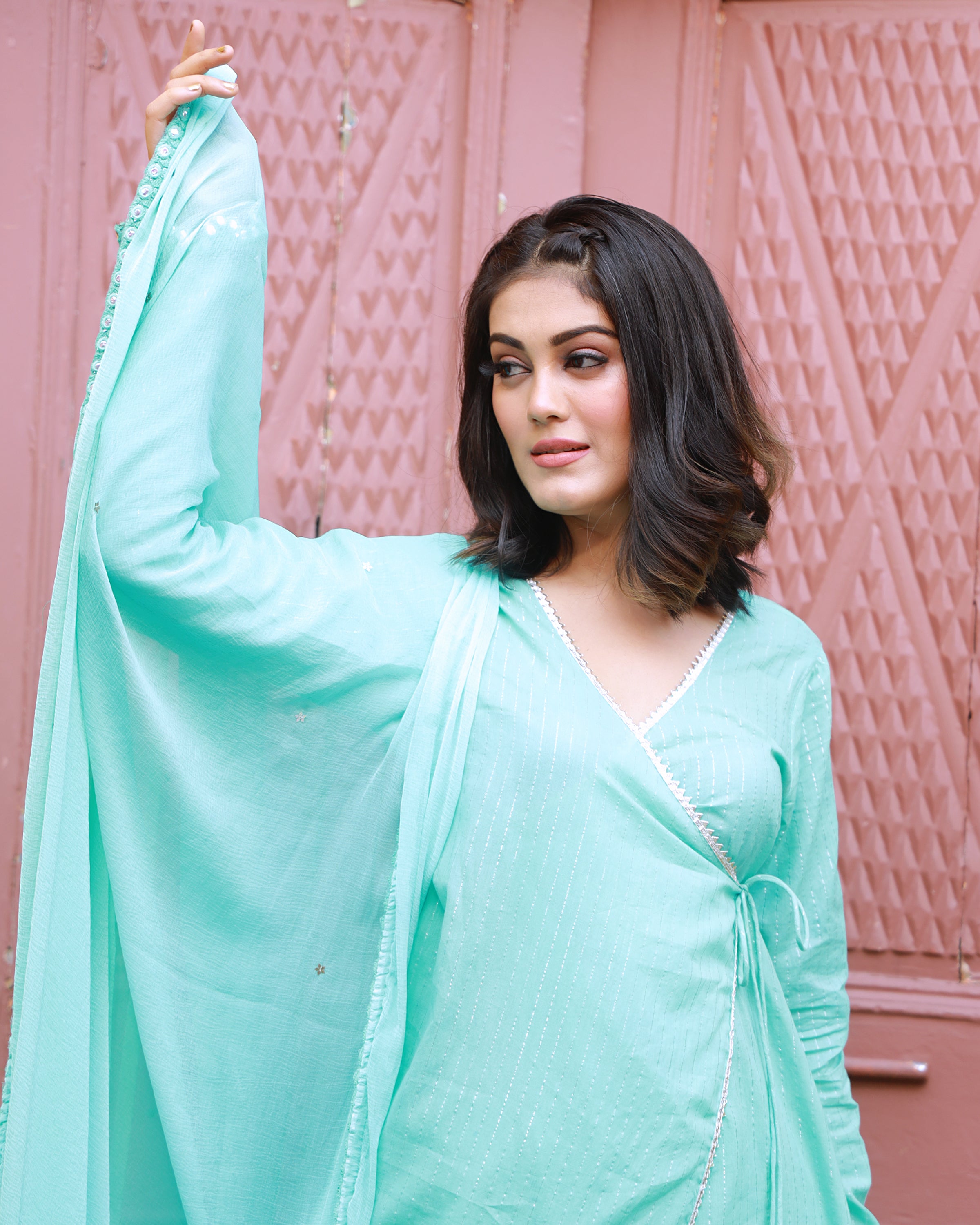 Sitara Turquoise Lurex Angrakha  Suit  Set