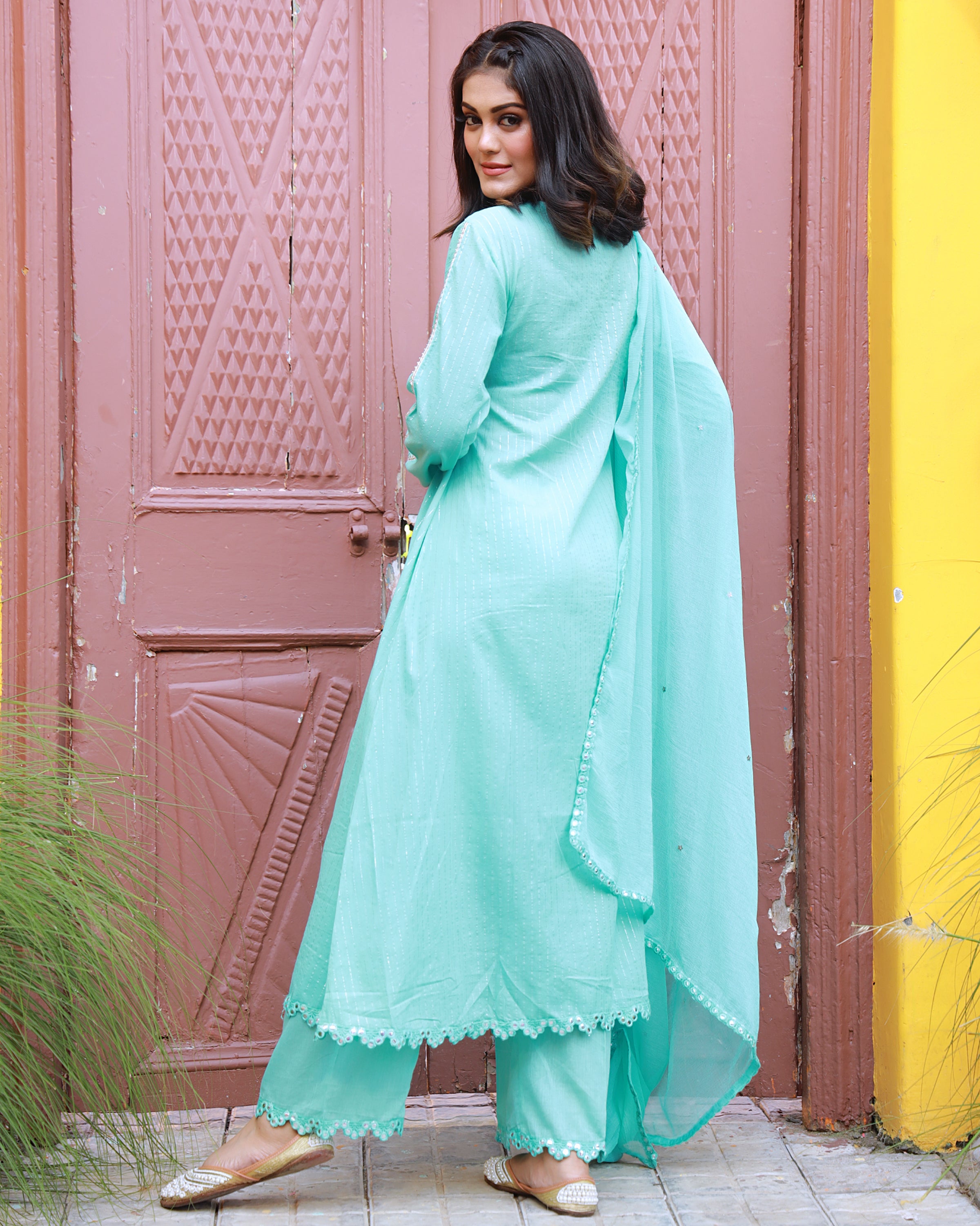 Sitara Turquoise Lurex Angrakha  Suit  Set
