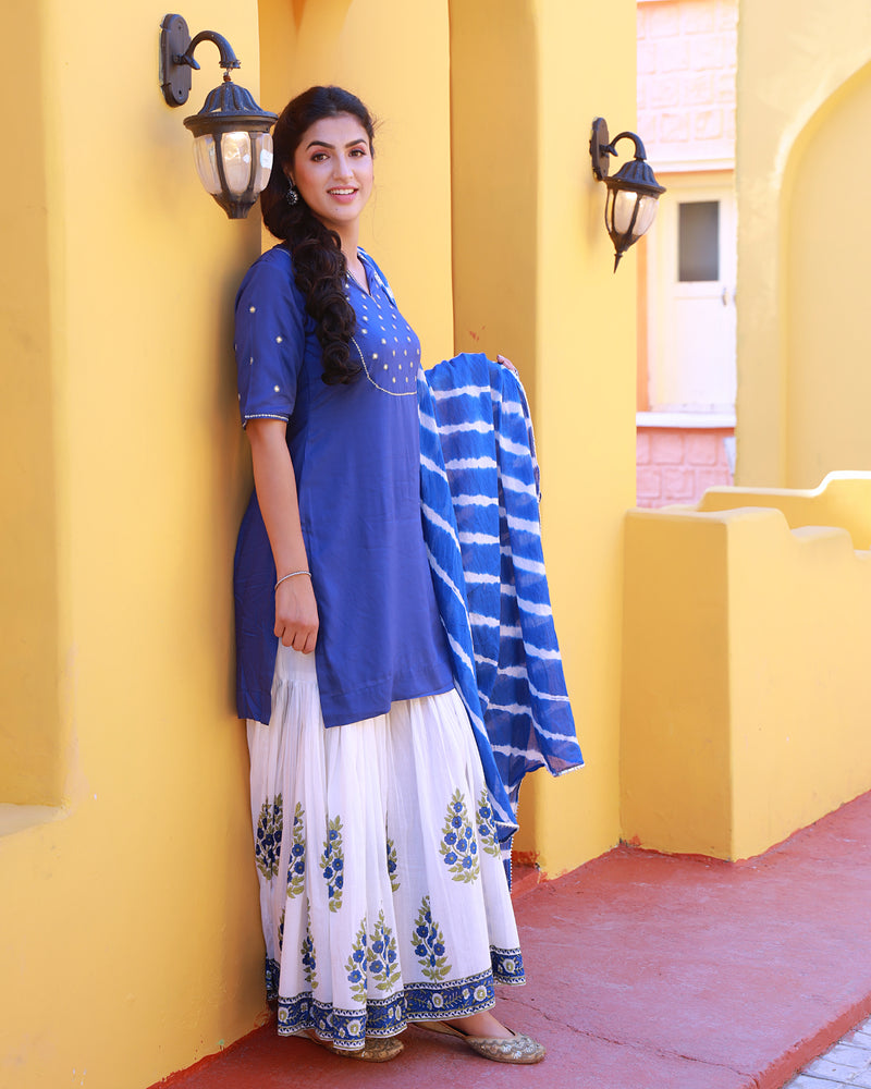 Bahaar Blue Handblock Printed Sharara Suit Set
