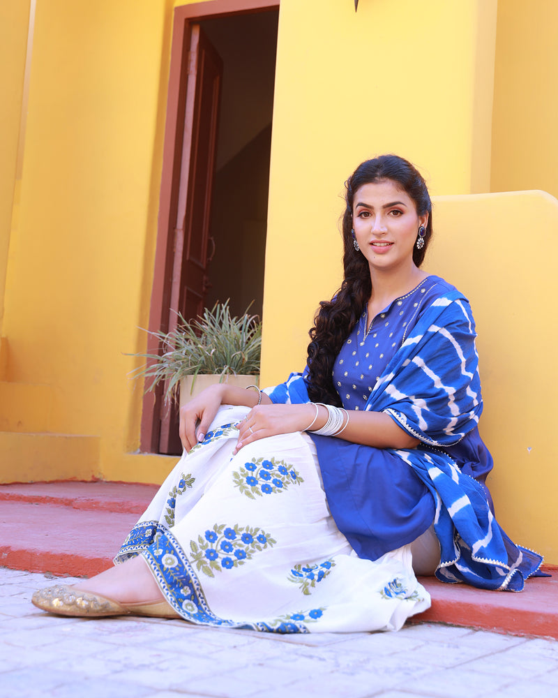 Bahaar Blue Handblock Printed Sharara Suit Set