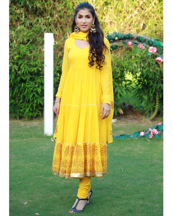 Bahaar Yellow Handblock Printed Anarkali Suit Set