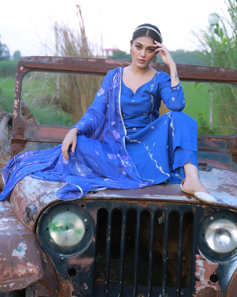 Heer Royal Blue Hand Embroidered Silk Kurta Pant with Hand Painted Dupatta