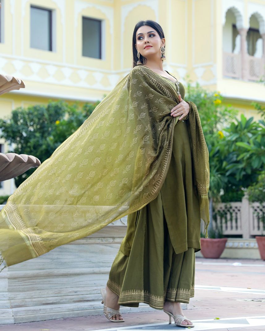 Moss Gold Handblock Chanderi Suit Set