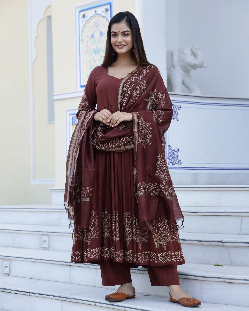 Brown Gold Handblock Printed Anarkali Suit