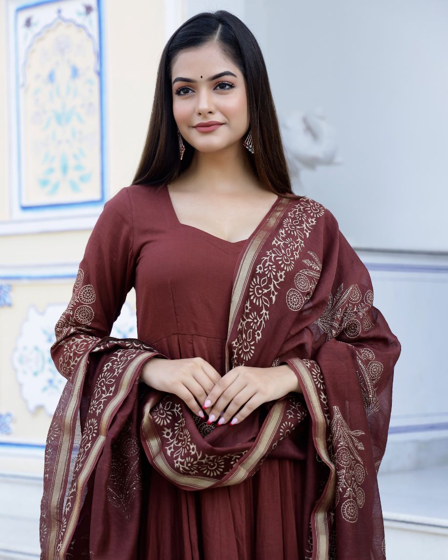 Brown Gold Handblock Printed Anarkali Suit