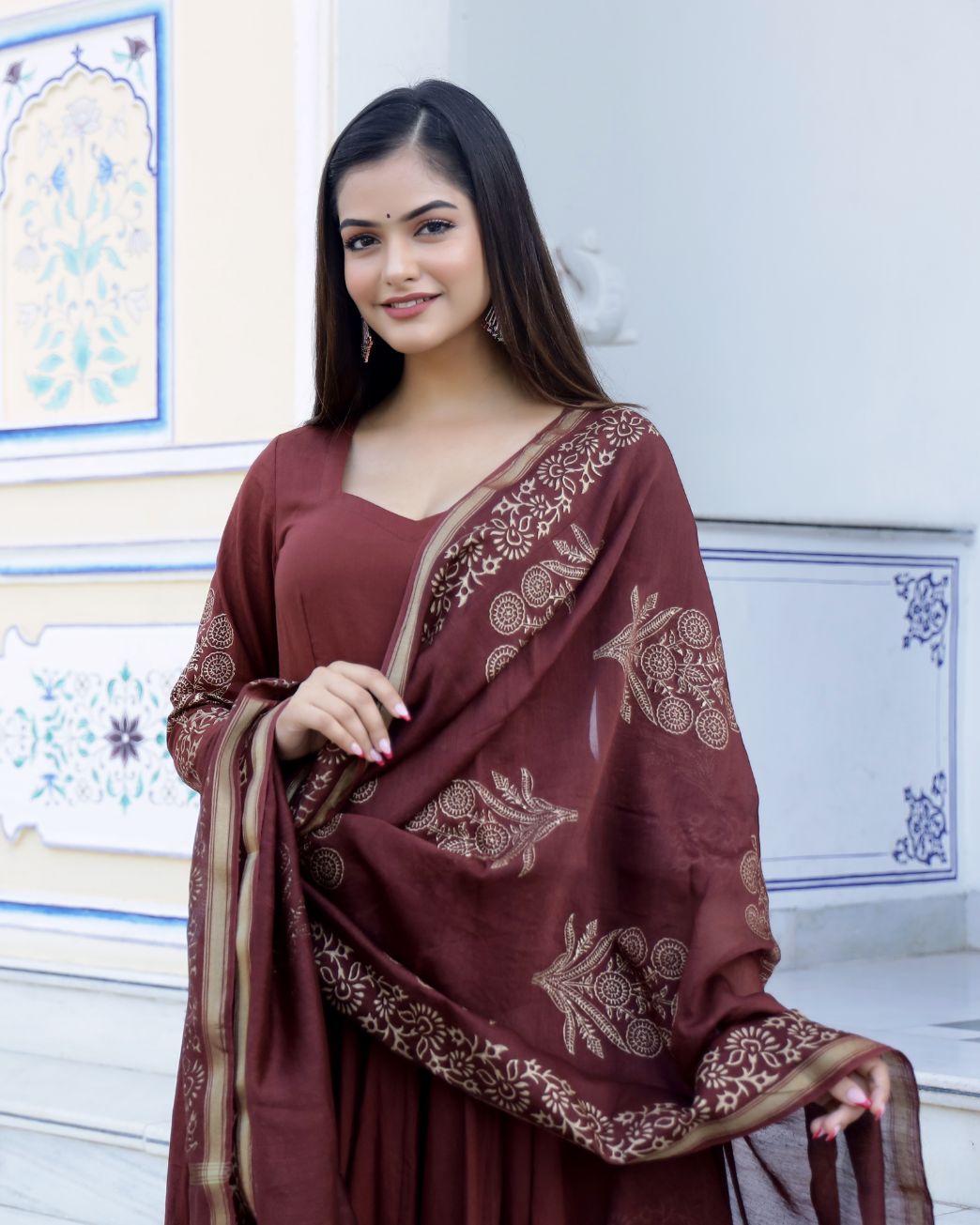 Brown Gold Handblock Printed Anarkali Suit