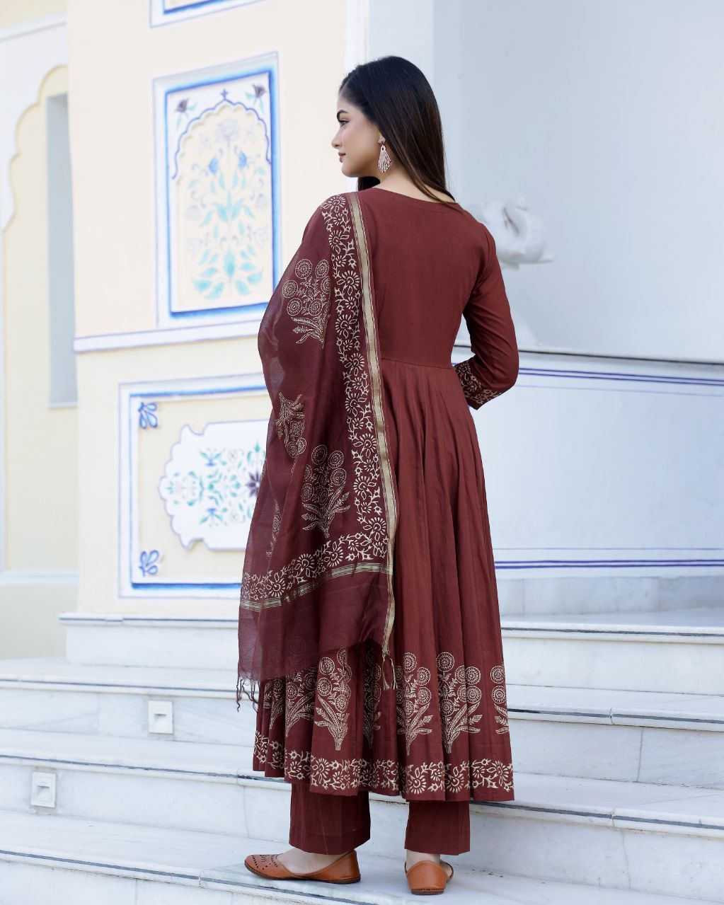Brown Gold Handblock Printed Anarkali Suit