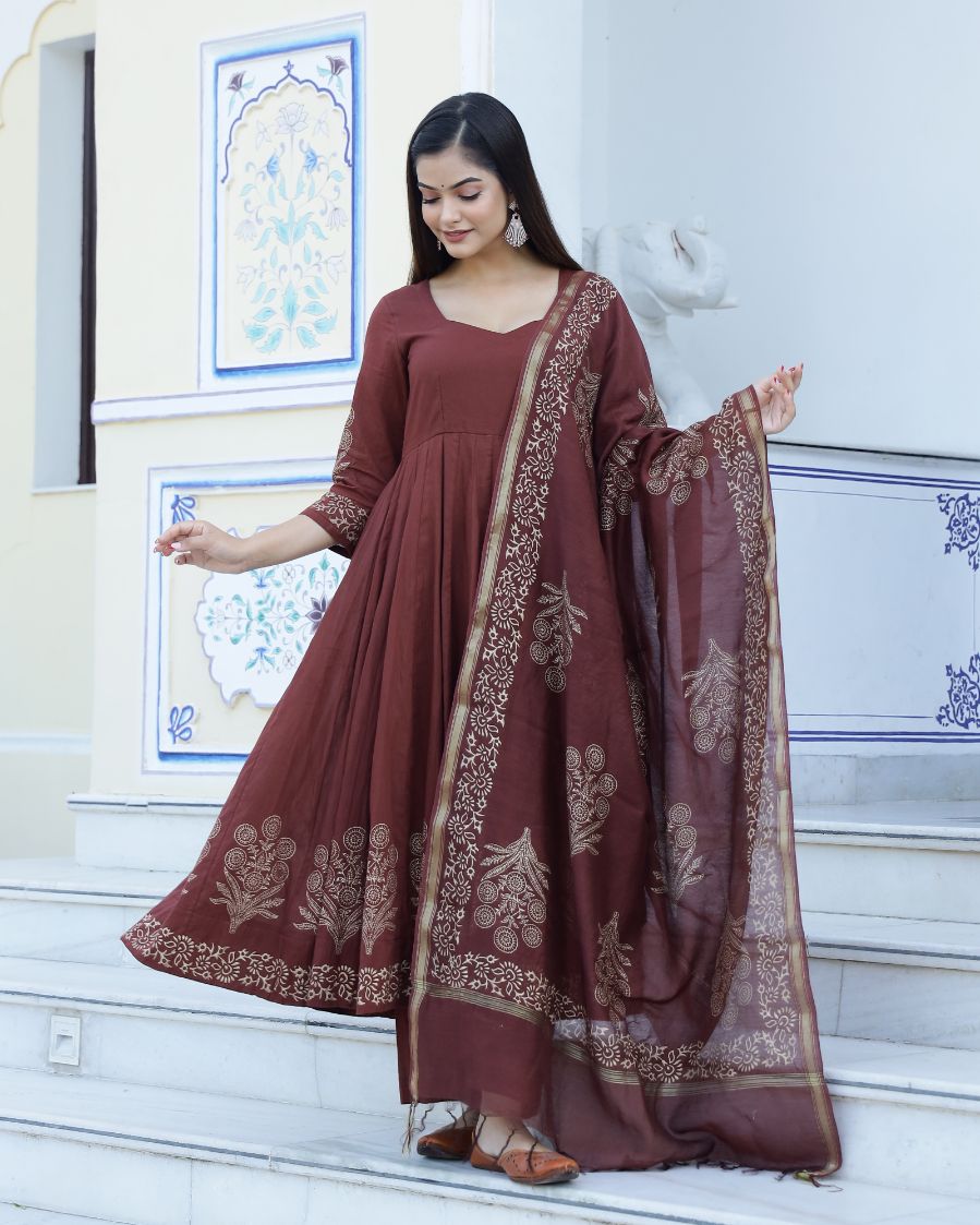 Brown Gold Handblock Printed Anarkali Suit