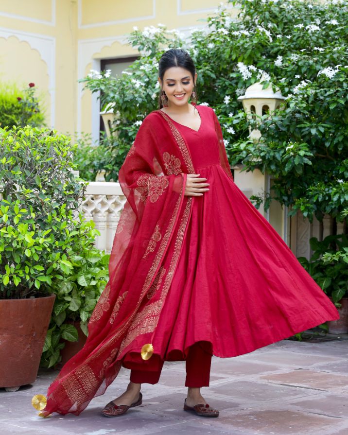 Red Anarkali Suit With Golden Handblock Print