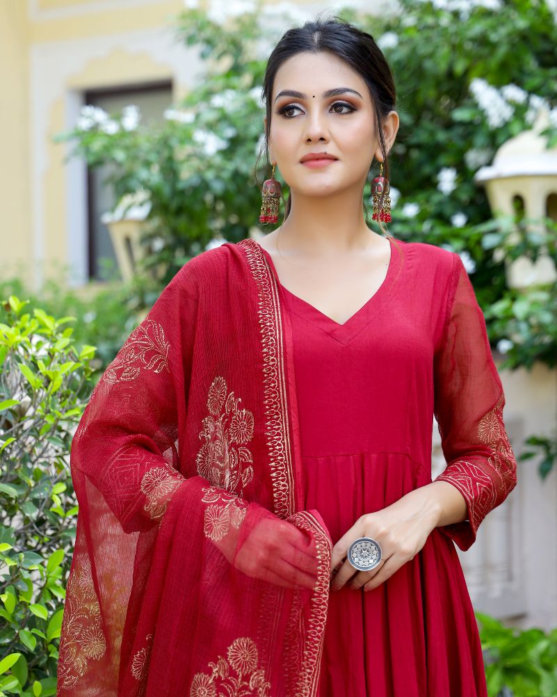 Red Anarkali Suit With Golden Handblock Print