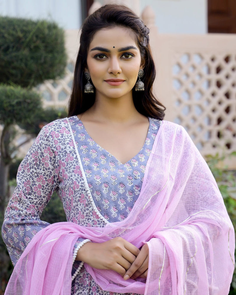 Tulip Hand Block Printed Anarkali Set (Set of 3)