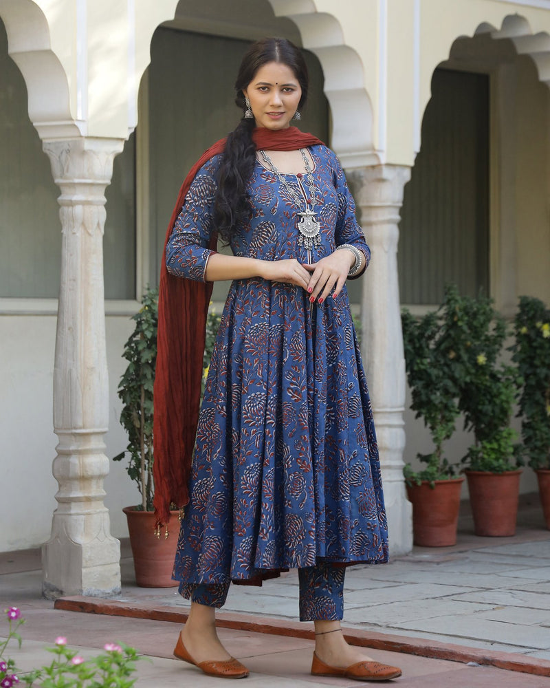 Sunkissed Dabu Print Anarkali Kurta Pant Set ( Set of 3 )
