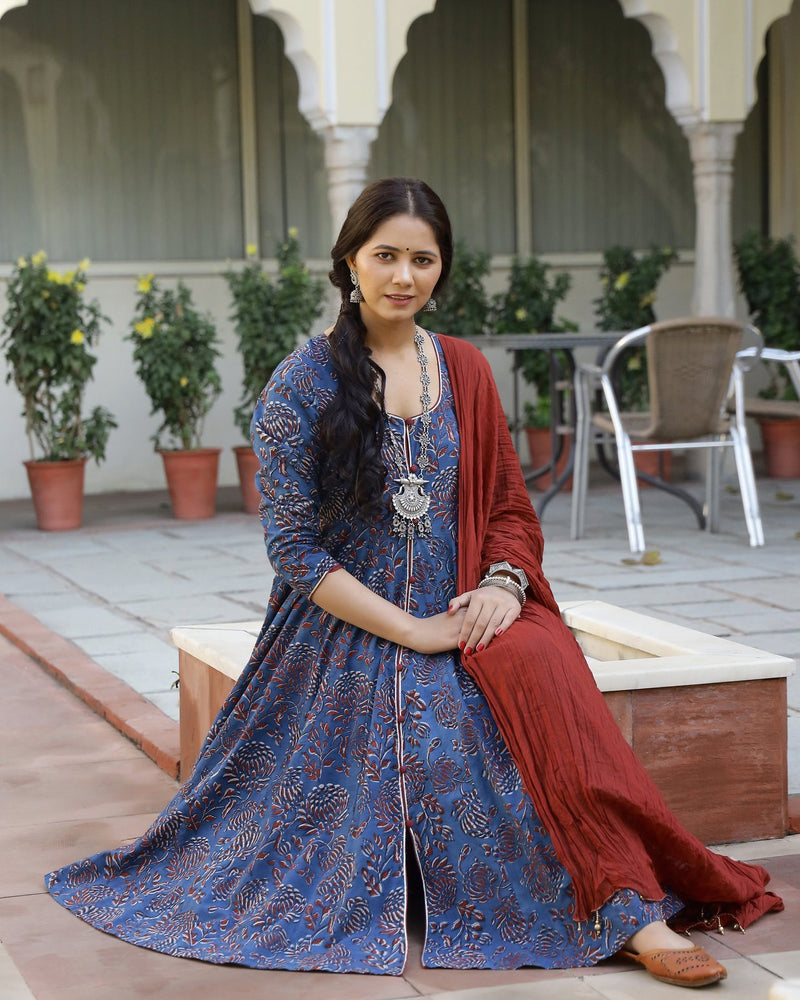 Sunkissed Dabu Print Anarkali Kurta Pant Set ( Set of 3 )