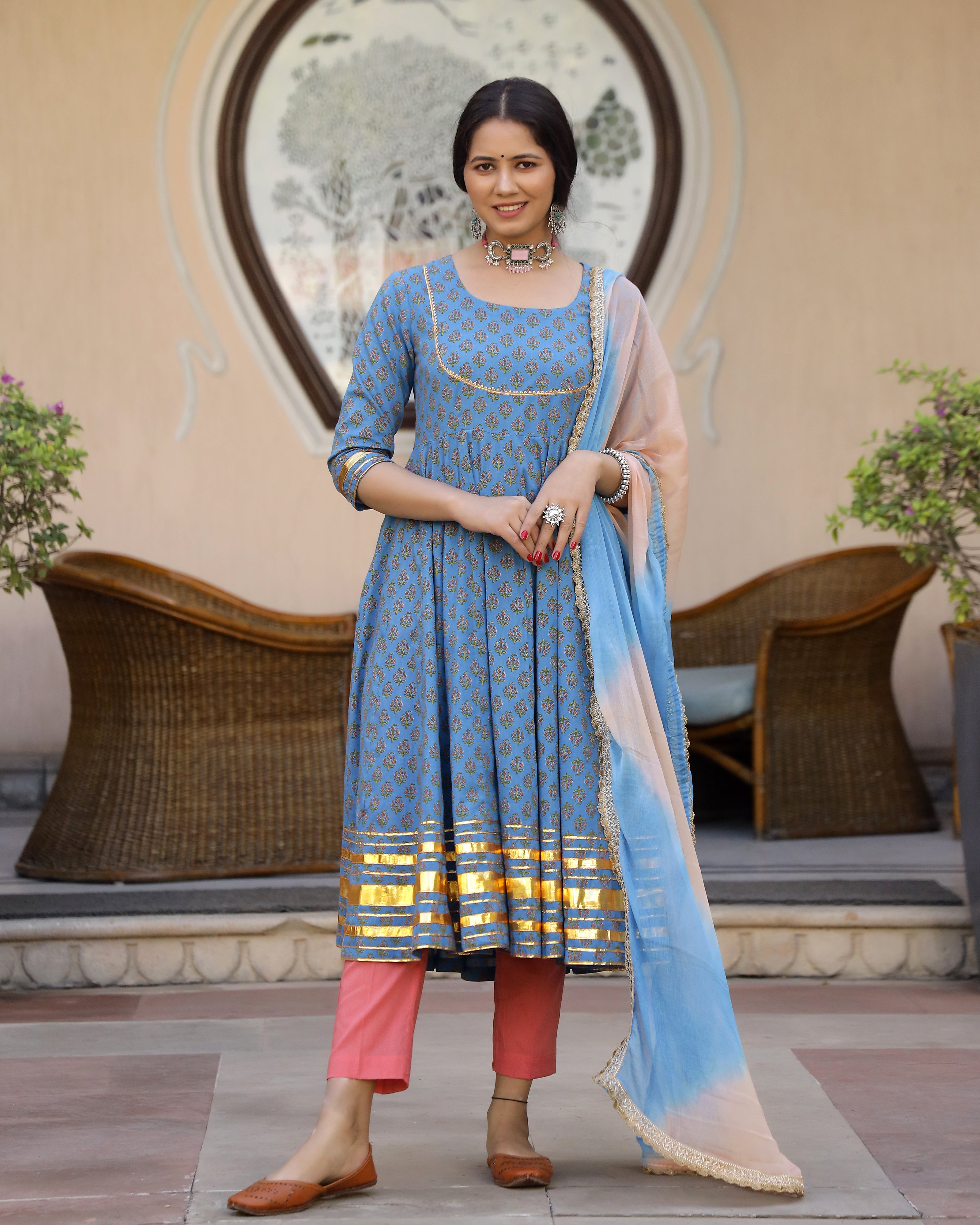 Blue Buti Printed Cotton Anarkali Suit