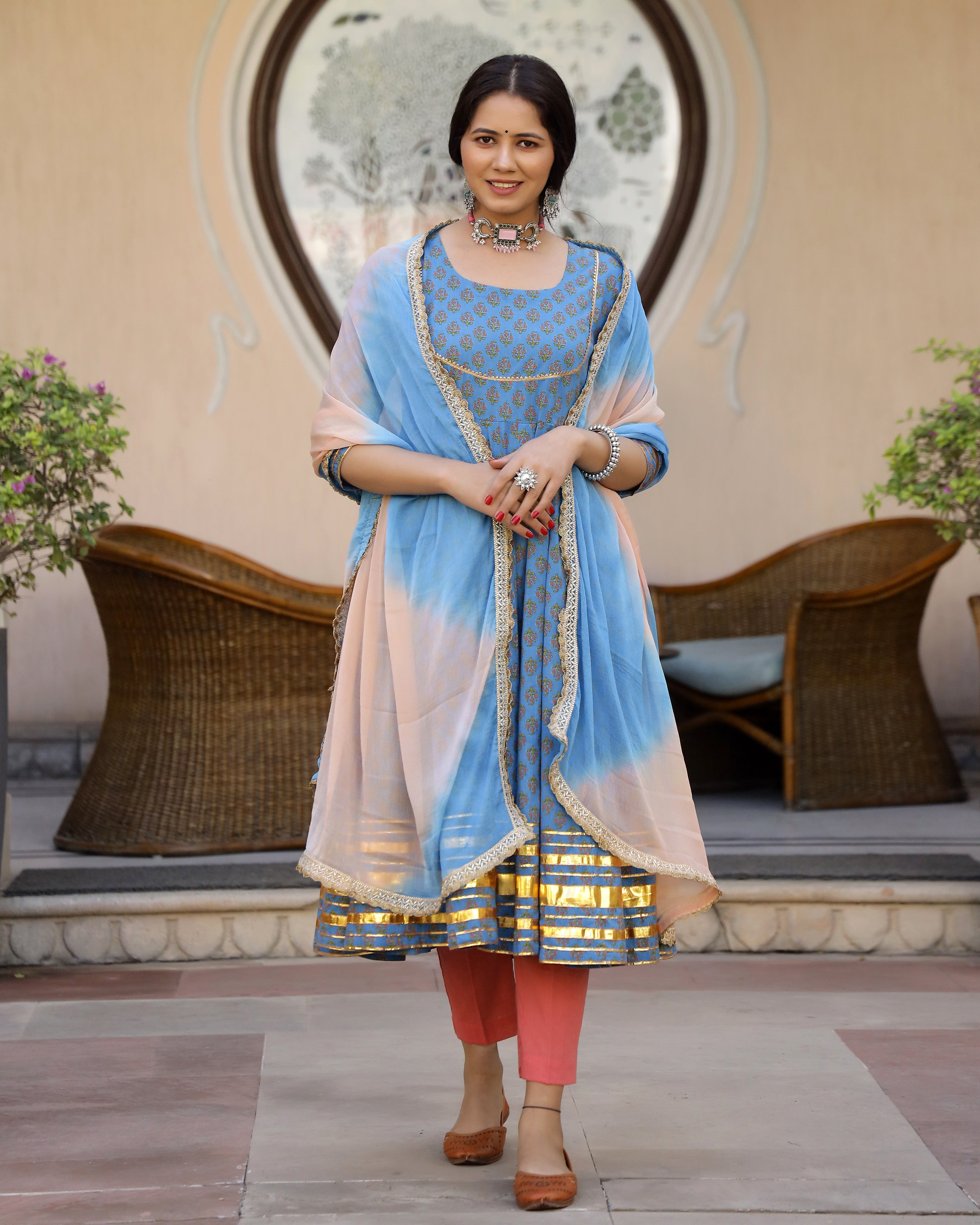 Blue Buti Printed Cotton Anarkali Suit