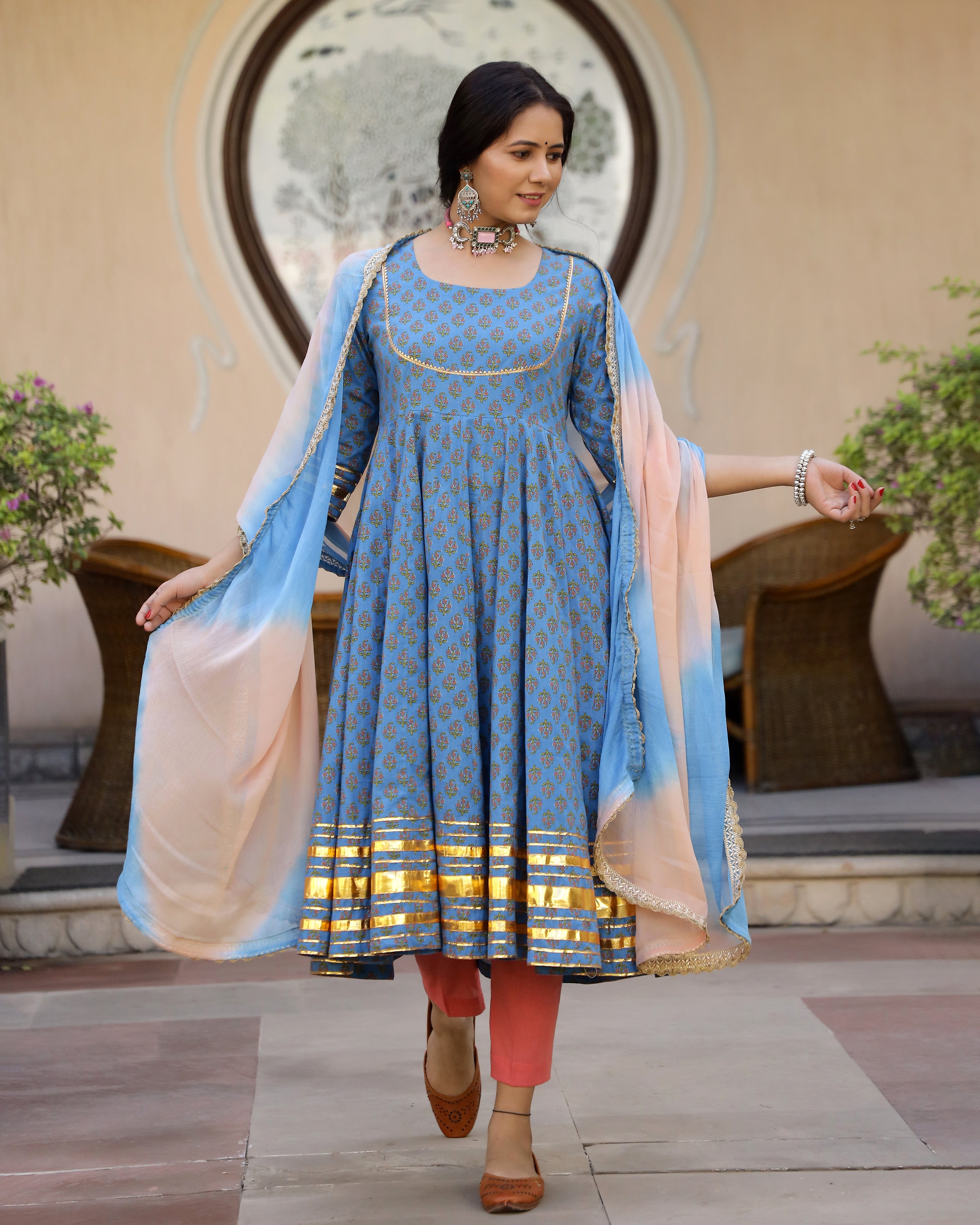 Blue Buti Printed Cotton Anarkali Suit