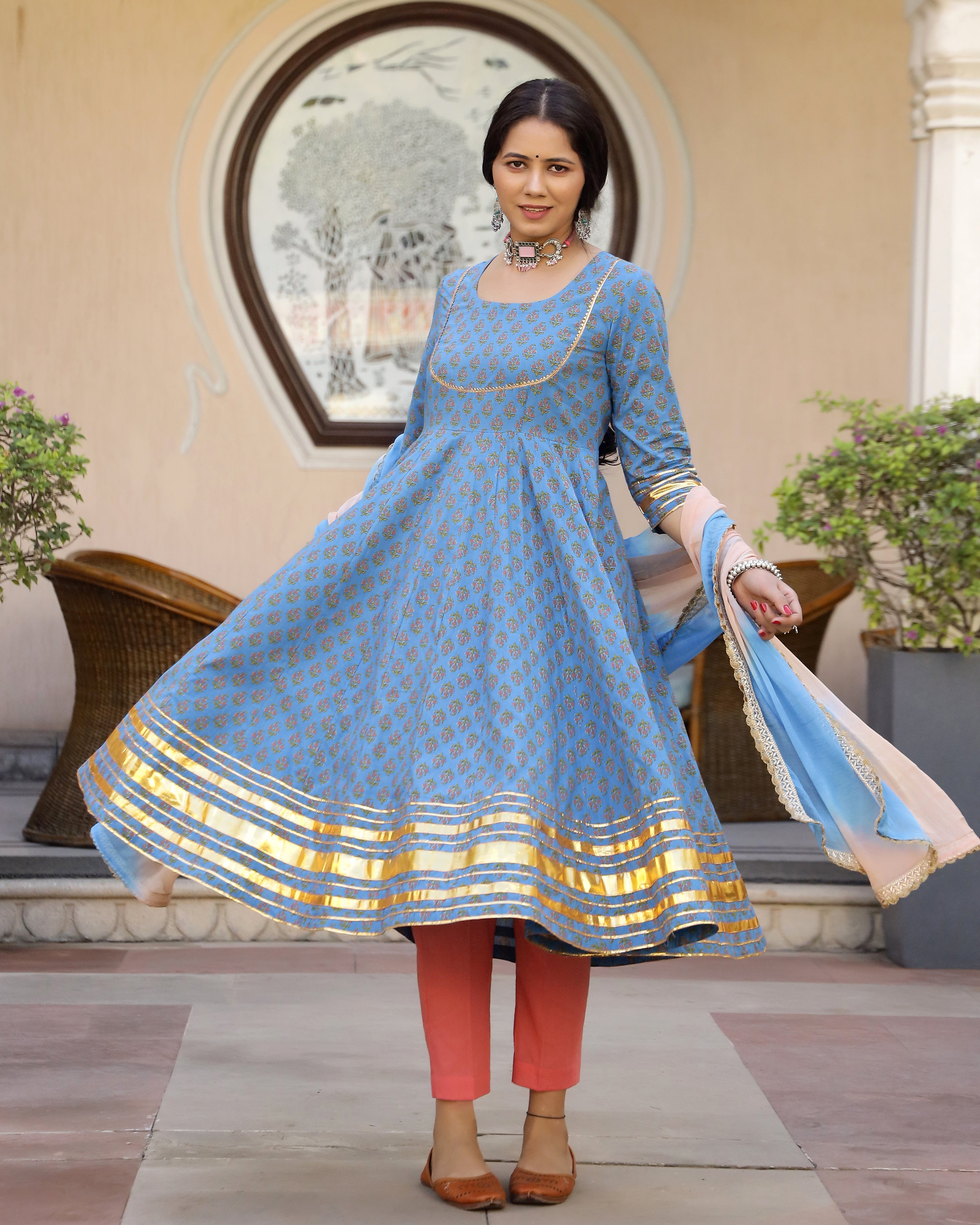 Blue Buti Printed Cotton Anarkali Suit