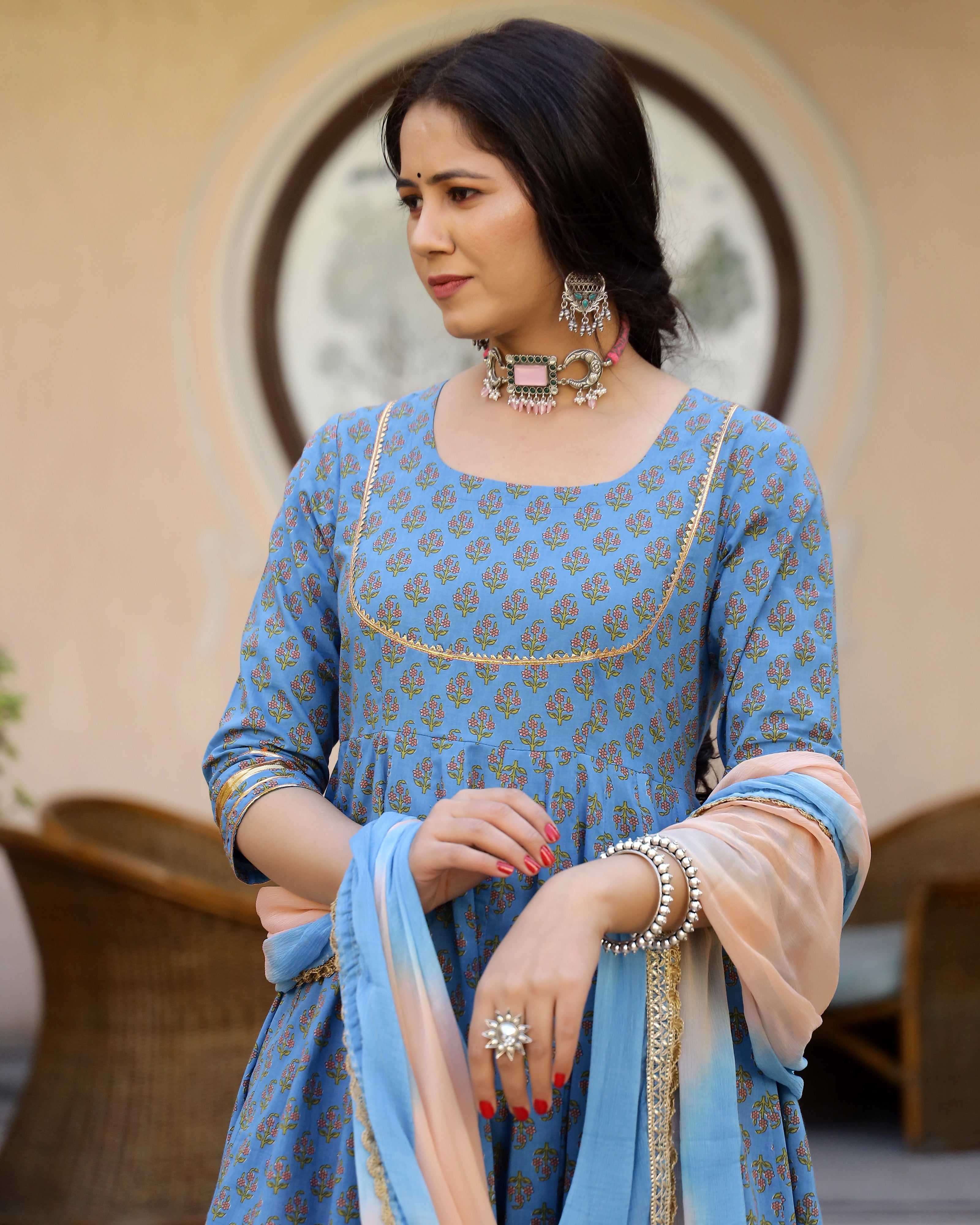 Blue Buti Printed Cotton Anarkali Suit