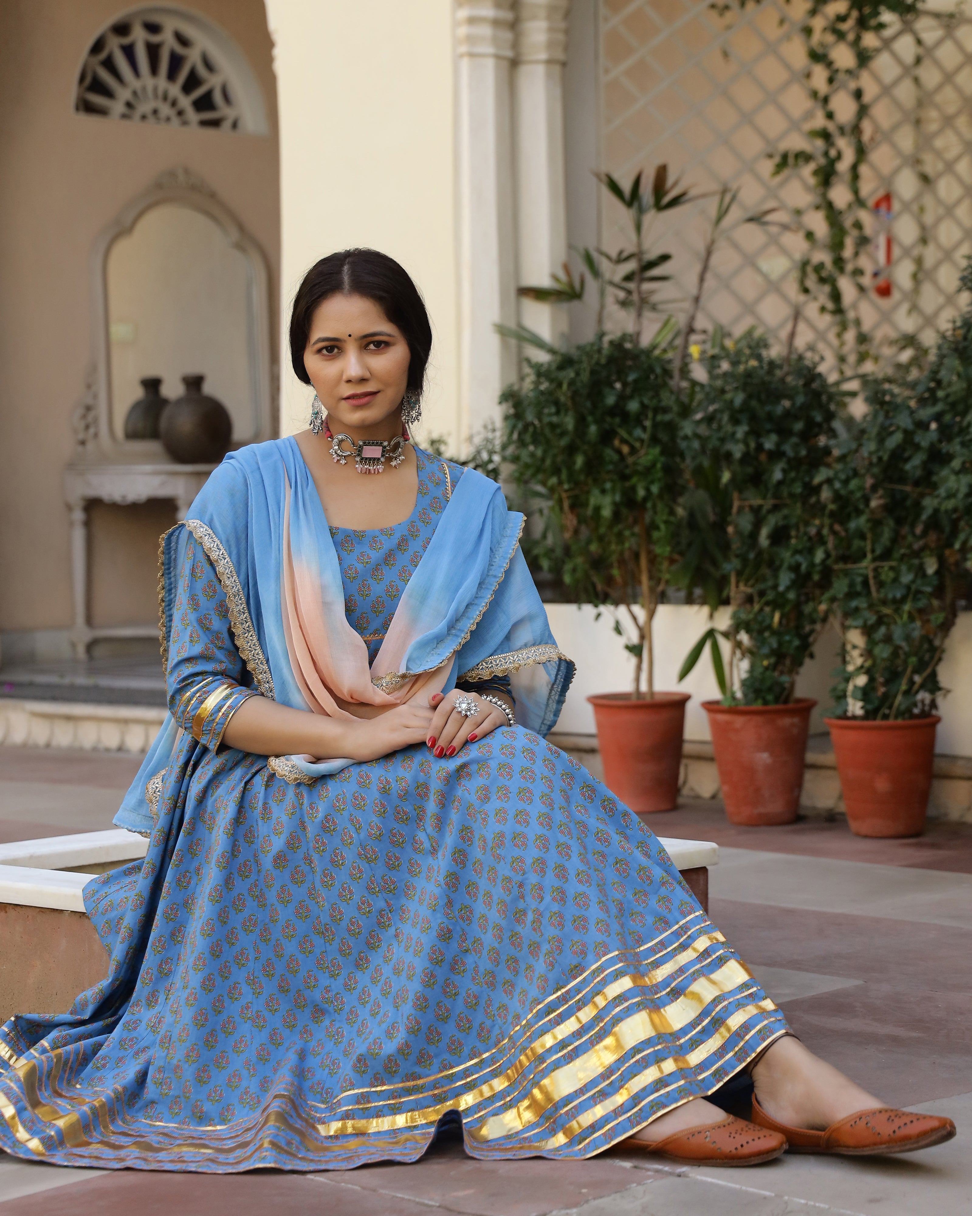 Blue Buti Printed Cotton Anarkali Suit