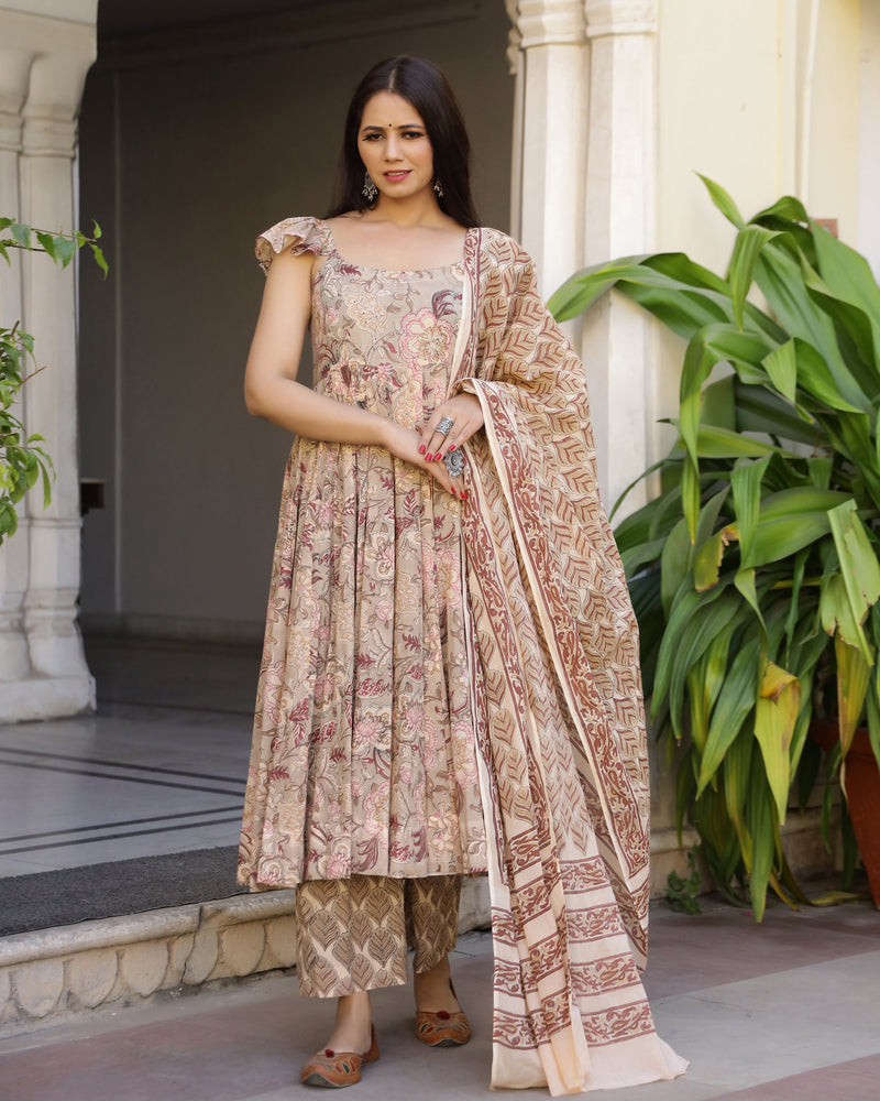 Joy Handblock Printed  Anarkali Kurta Pant Set  ( Set of 3 )