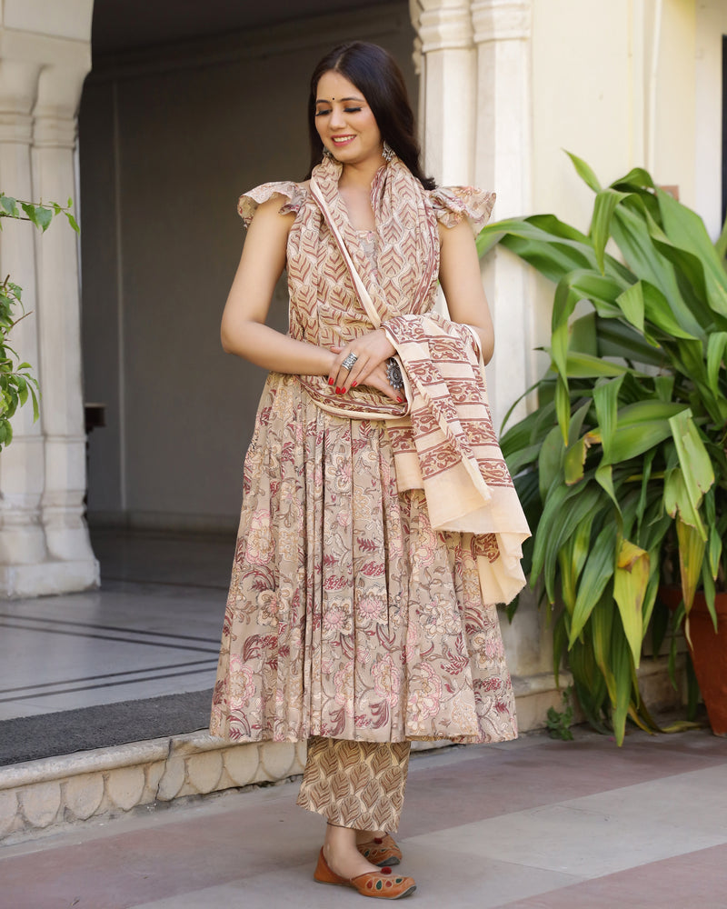 Joy Handblock Printed  Anarkali Kurta Pant Set  ( Set of 3 )