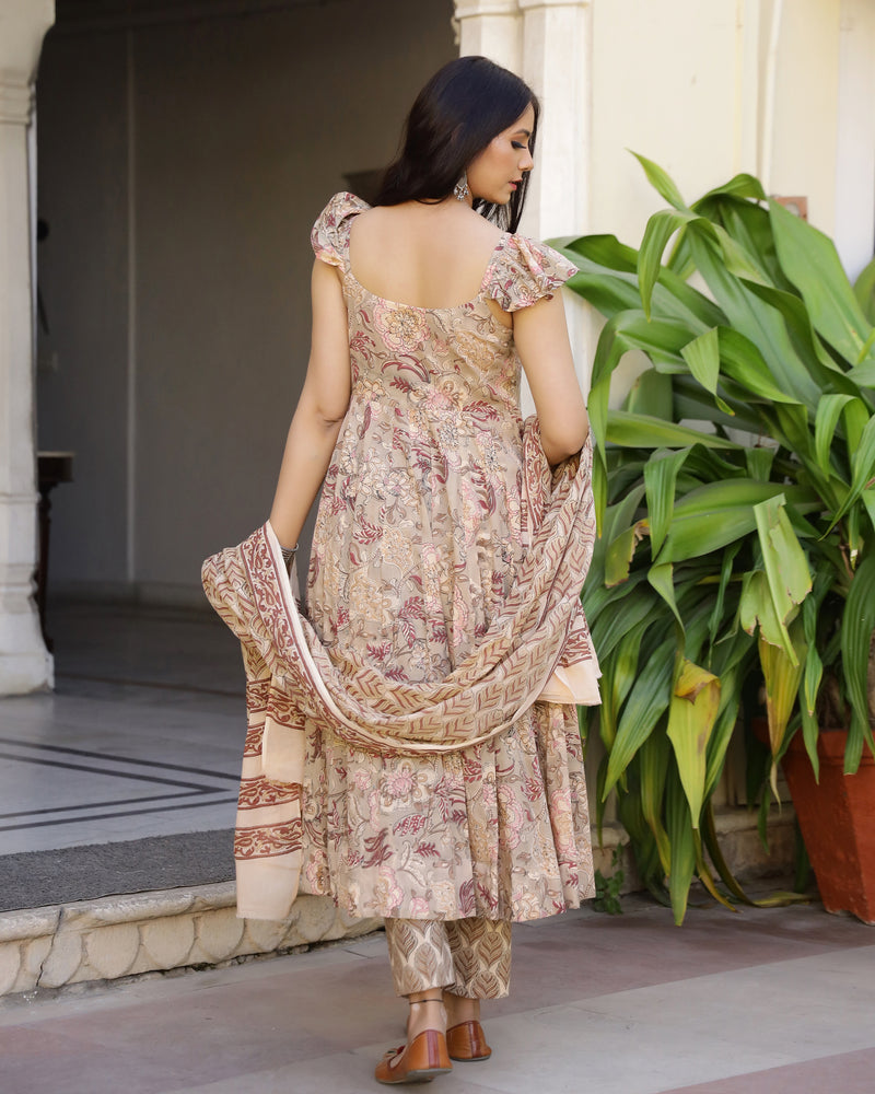 Joy Handblock Printed  Anarkali Kurta Pant Set  ( Set of 3 )