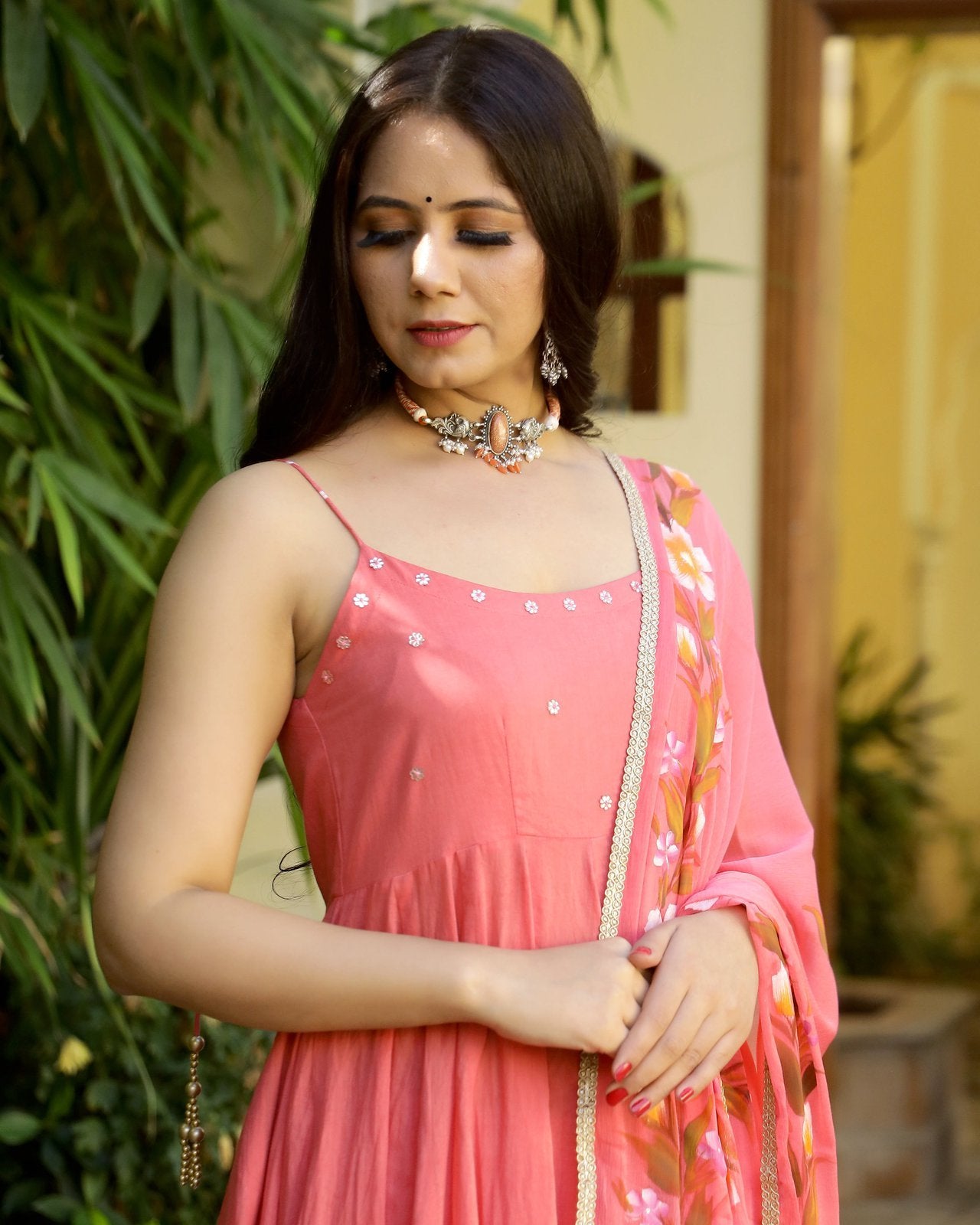 Coral Hand Painted Mulmul Anarkali Suit