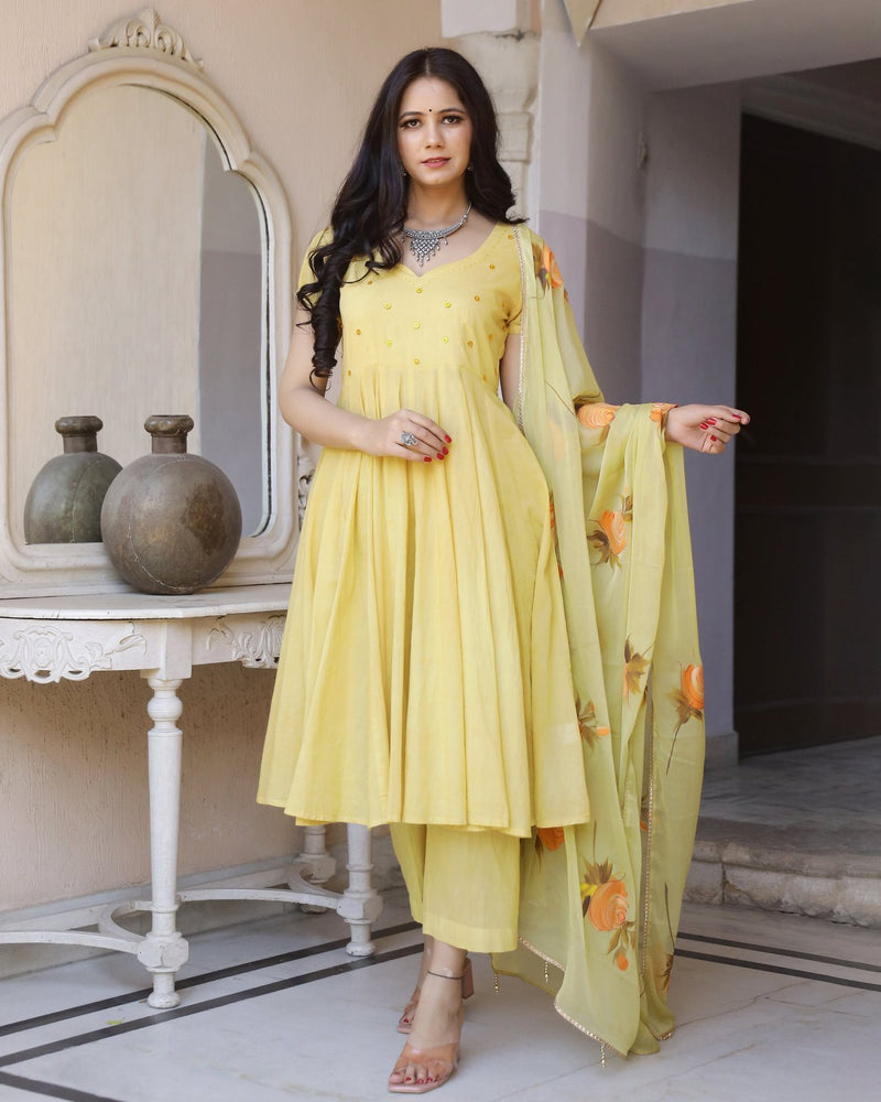 Yellow Handbrush Painted Cotton Anarkali Suit Set (Set of 3)