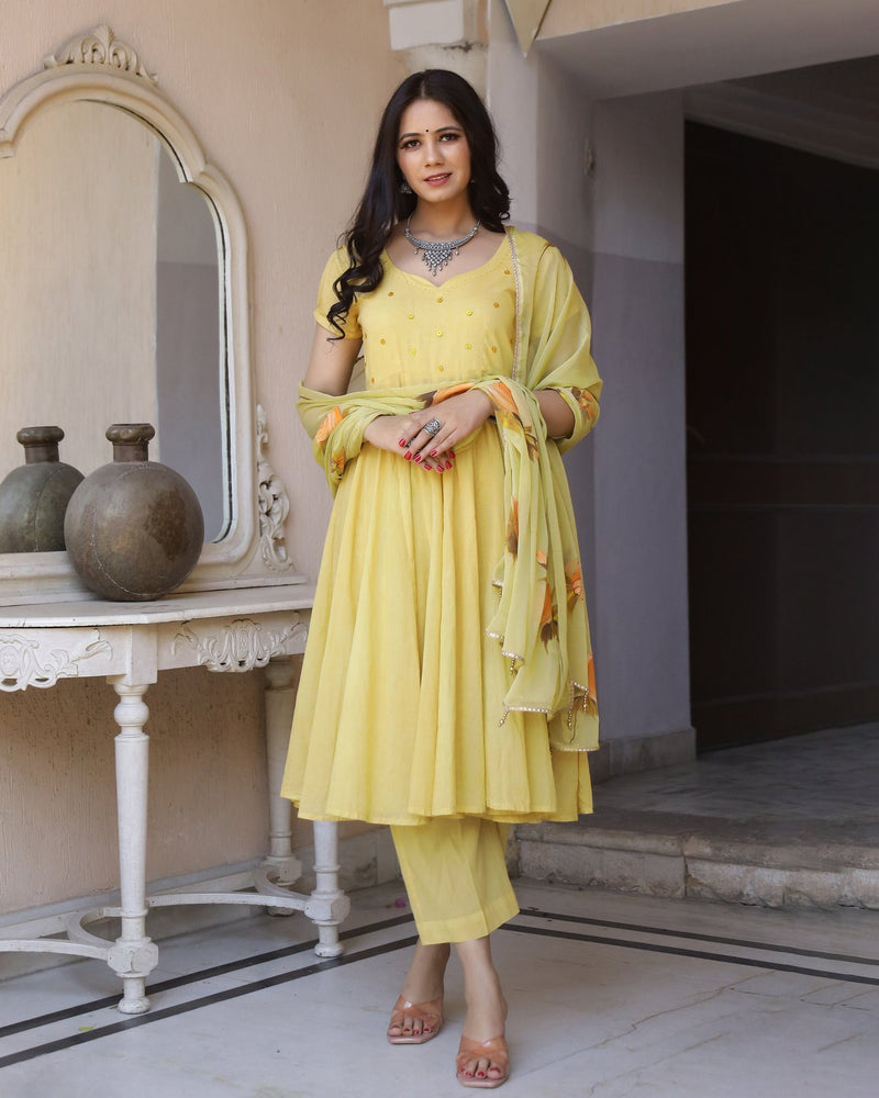 Yellow Handbrush Painted Cotton Anarkali Suit Set (Set of 3)