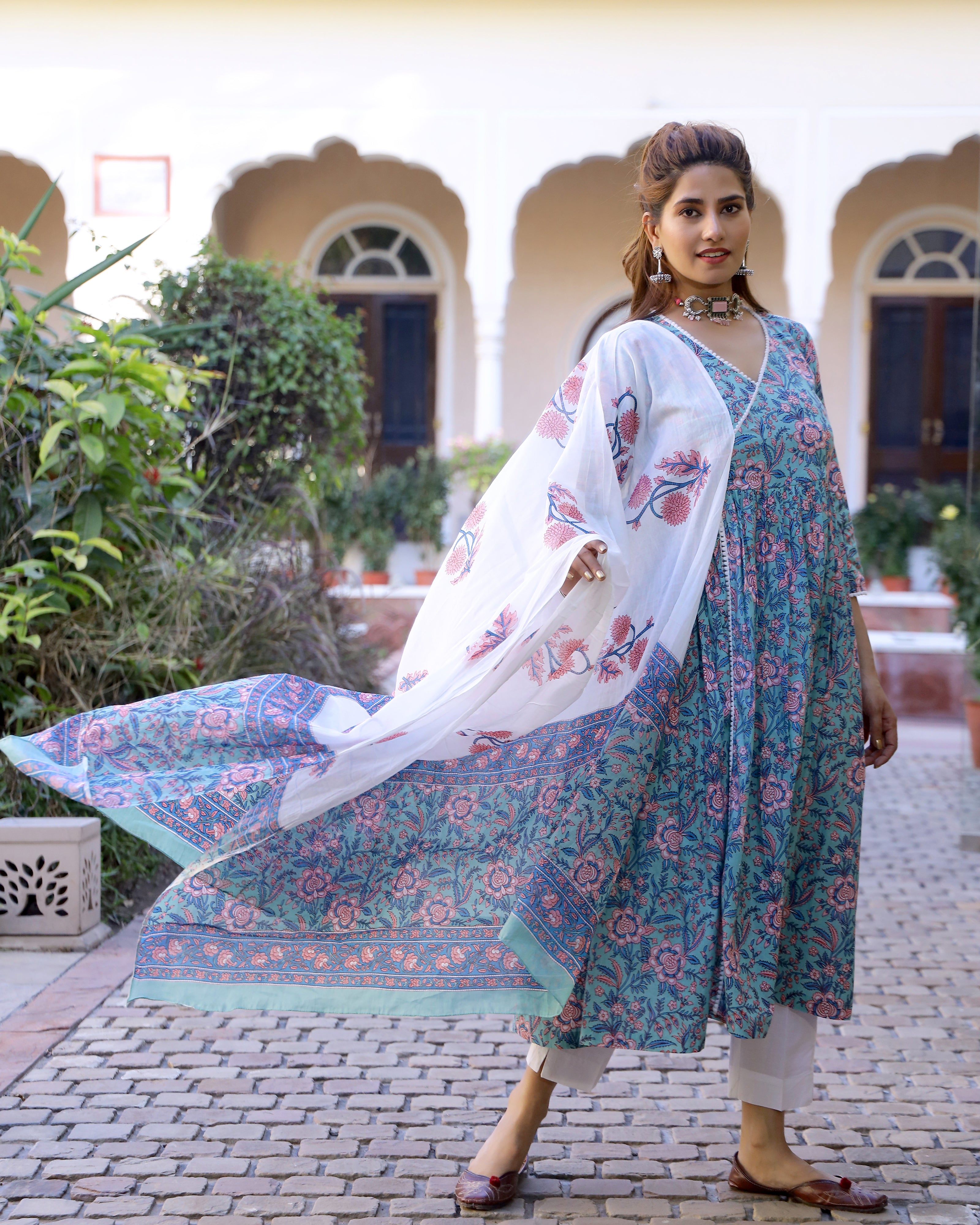 Sky Blue Printed Cotton Kurta Pant set