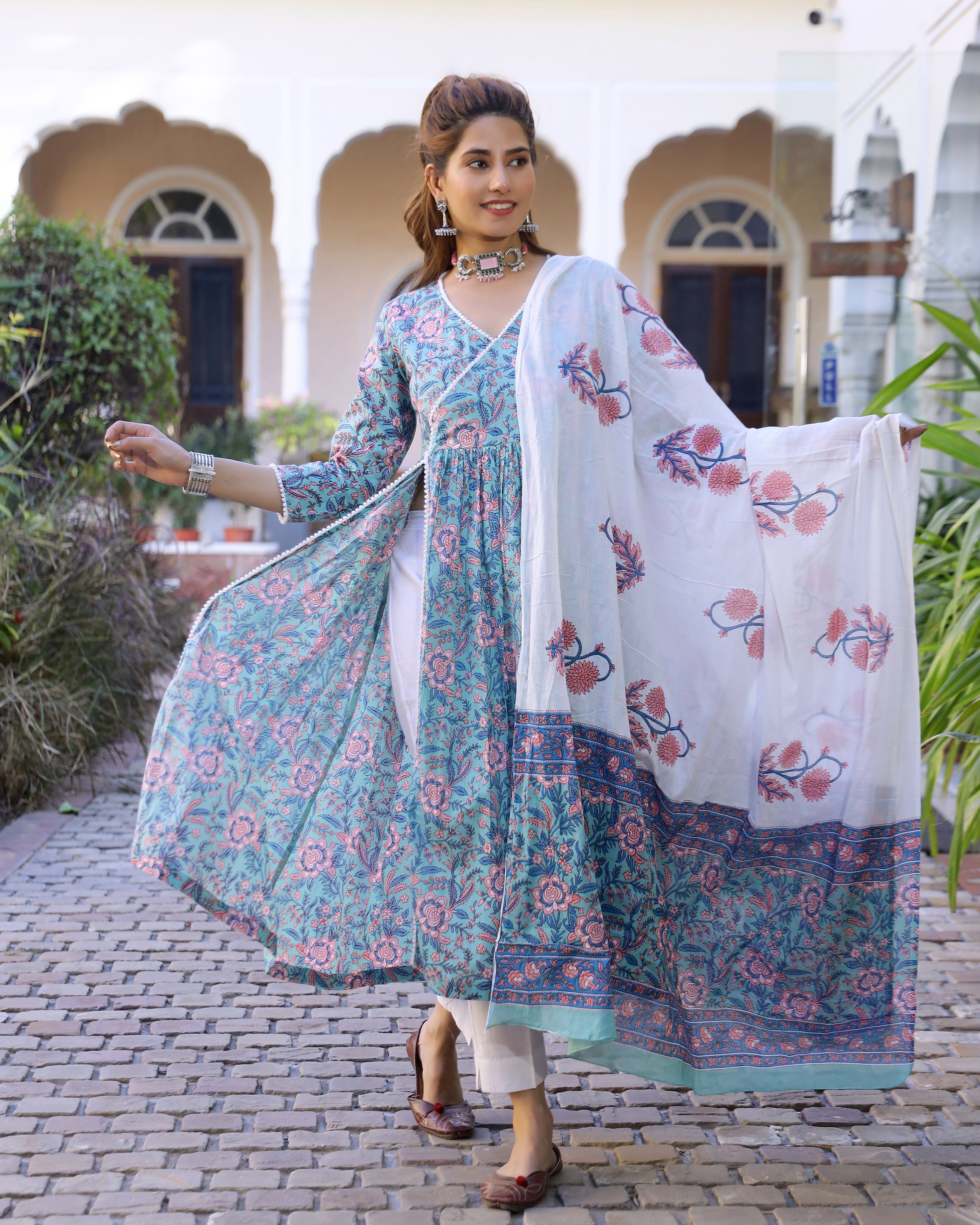 Sky Blue Printed Cotton Kurta Pant set