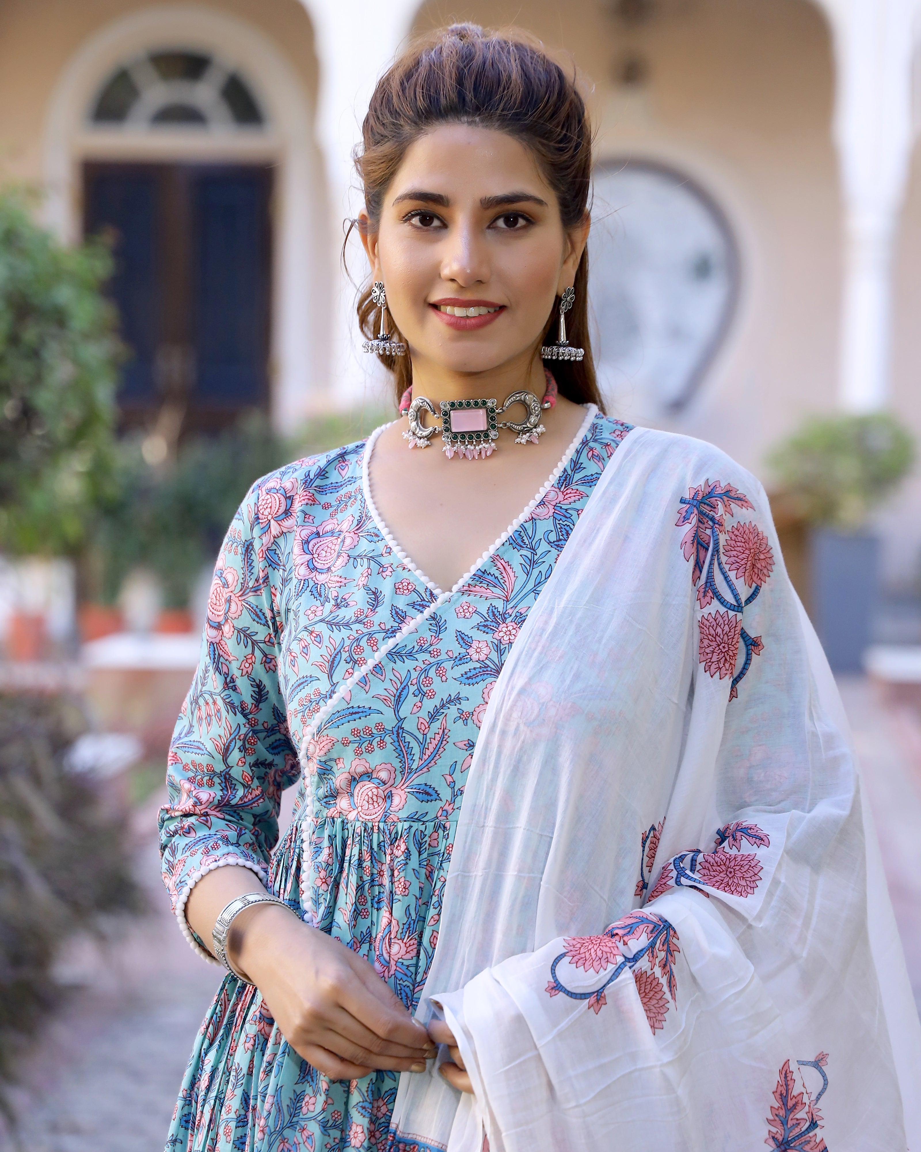 Sky Blue Printed Cotton Kurta Pant set