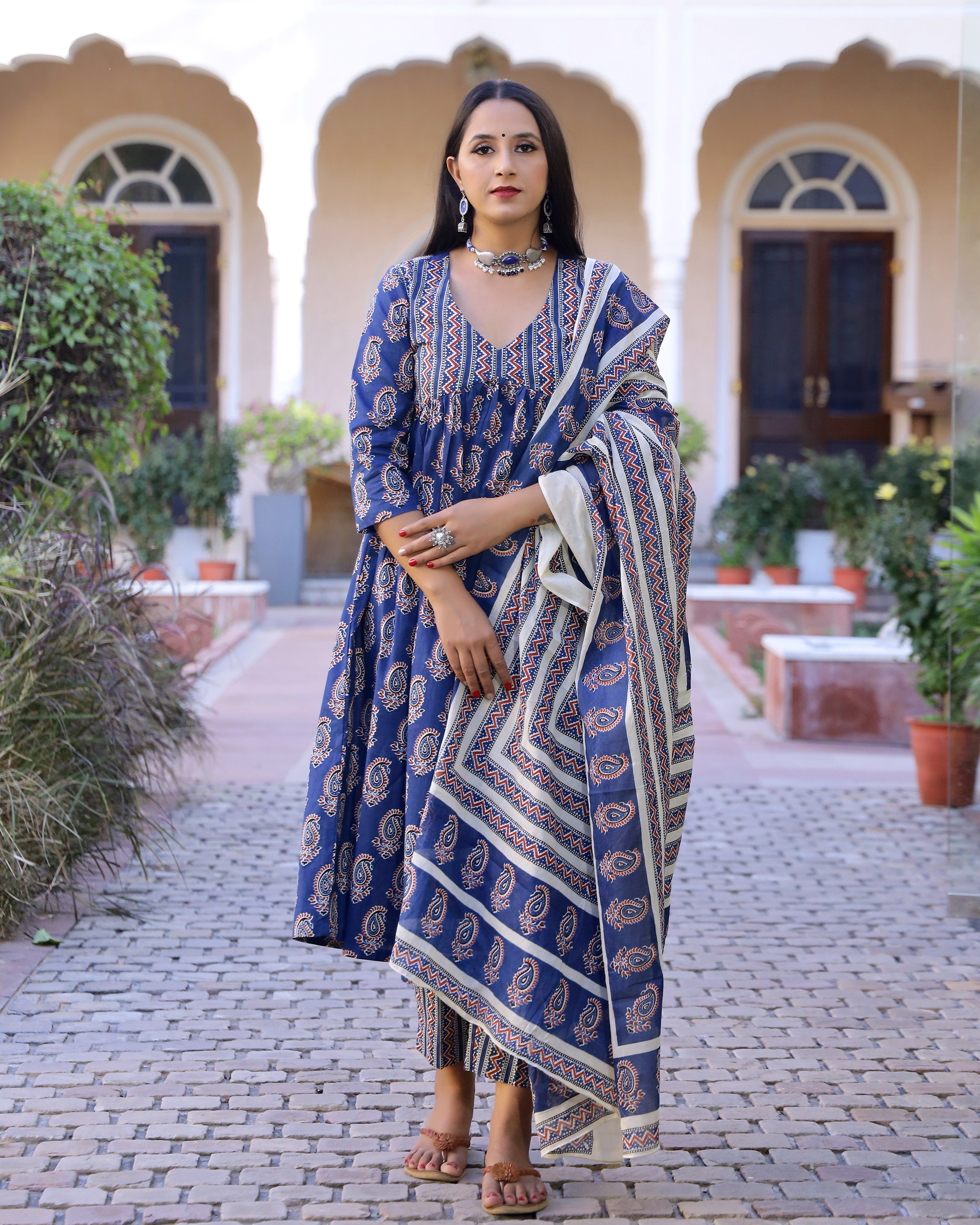 Royal Blue Printed Cotton Kurta Pant set