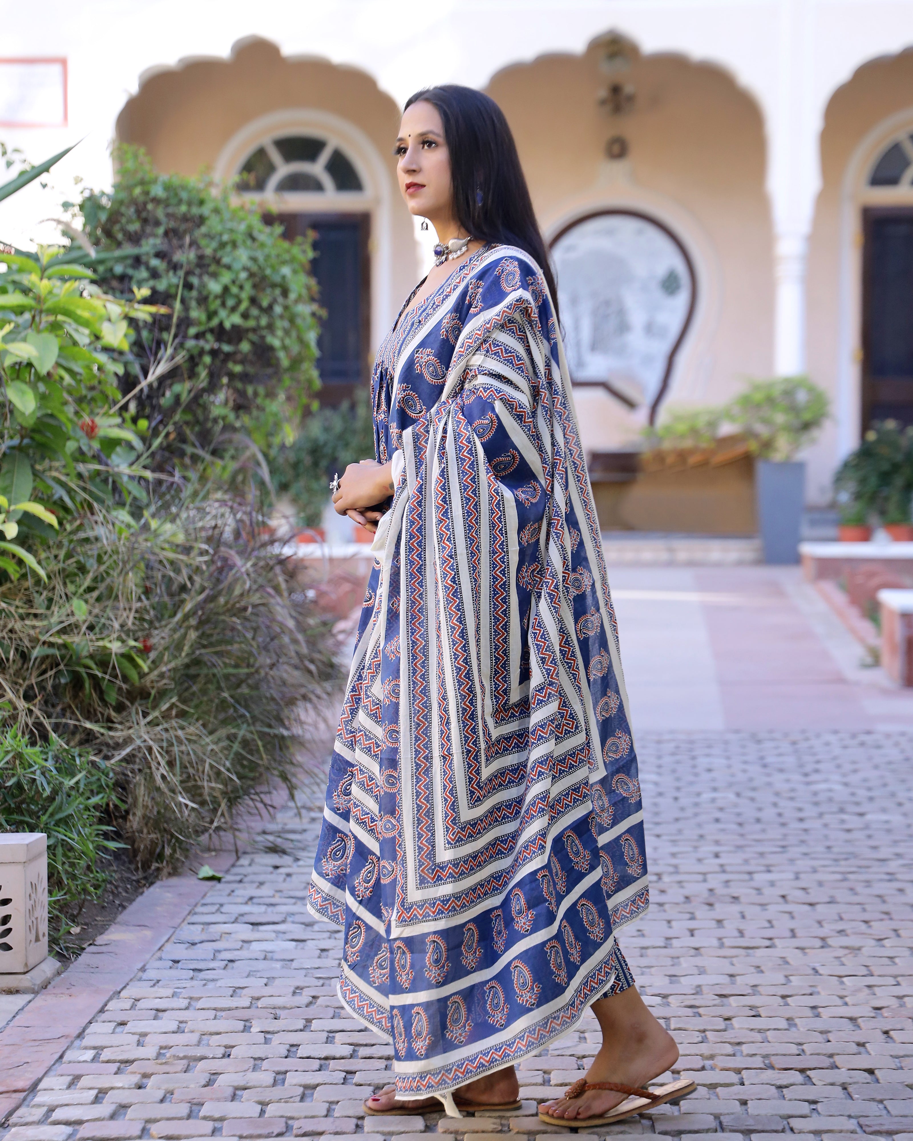 Royal Blue Printed Cotton Kurta Pant set