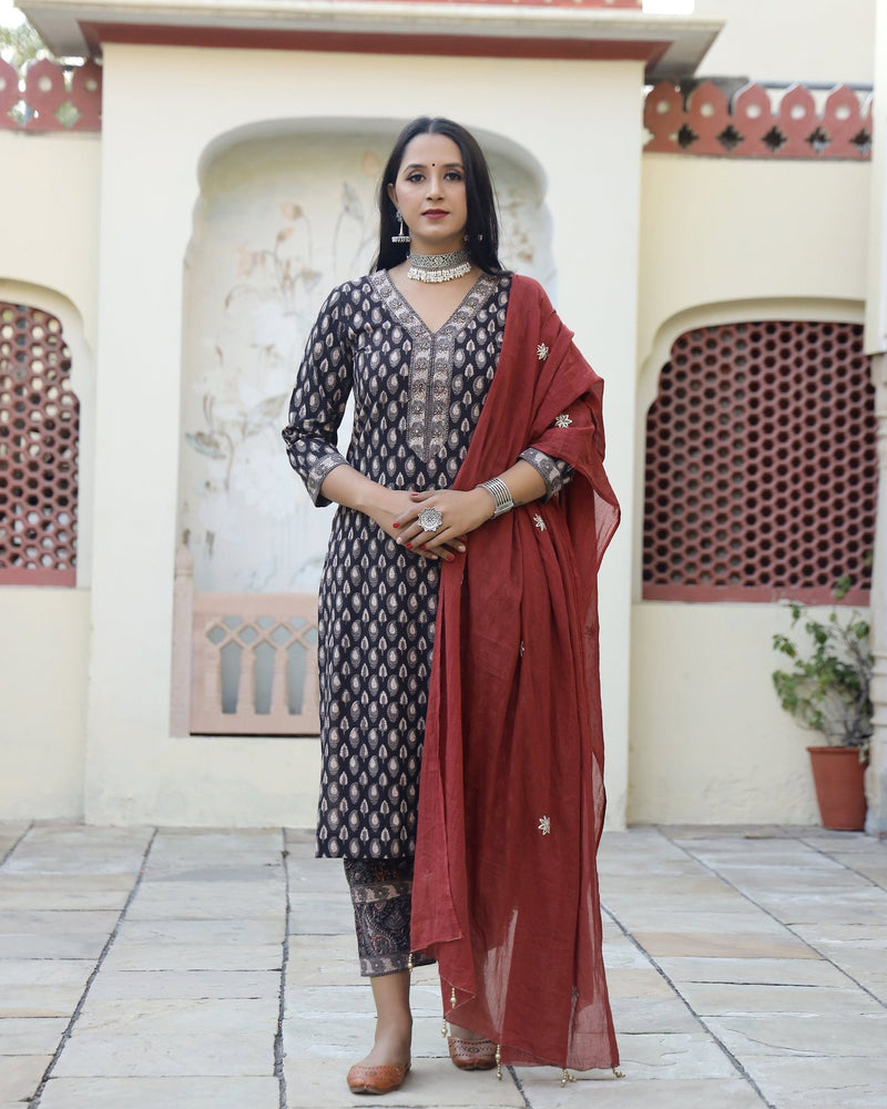 Bevy Bagru Print Straight Kurta Pant Set ( Set of 3 )