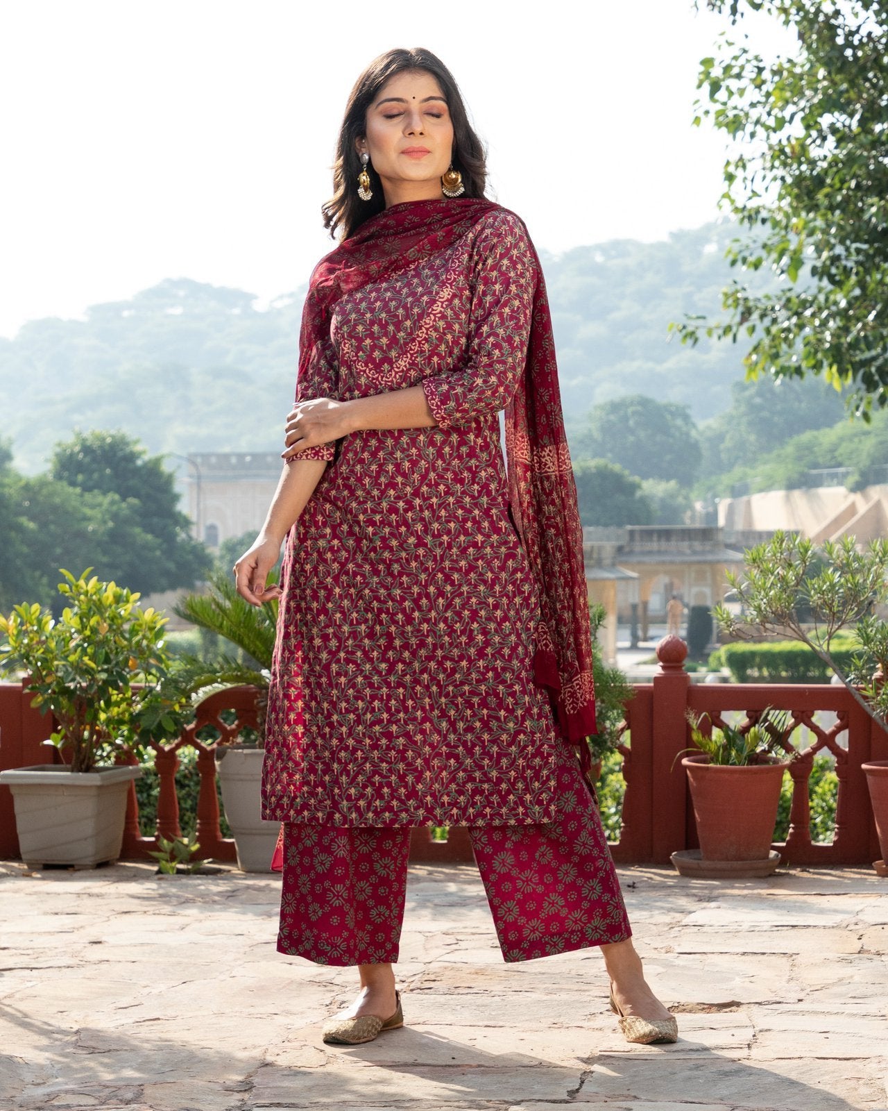 Burgundy & Green Block Butti Print Kurta Pant Suit Set