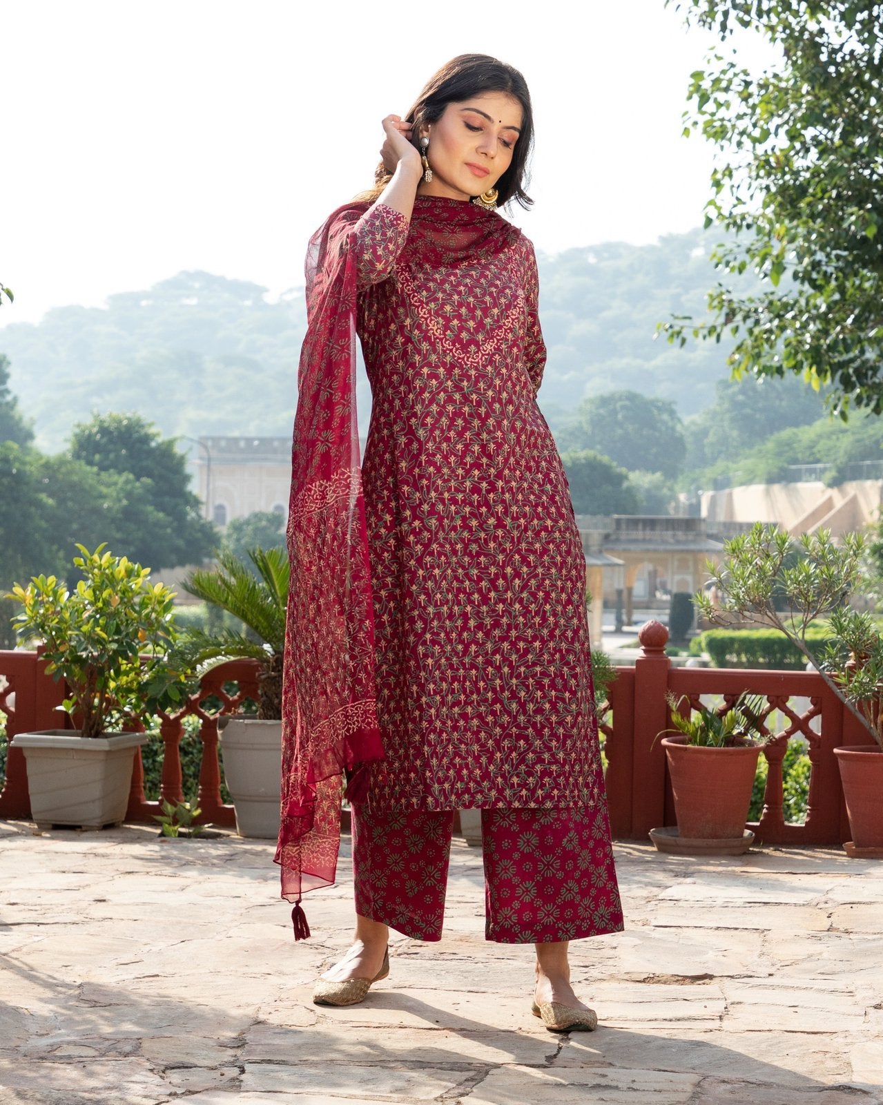 Burgundy & Green Block Butti Print Kurta Pant Suit Set