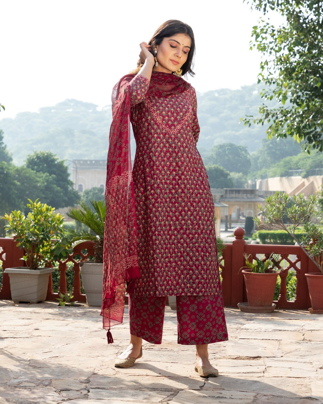 Coral Block Butti Print Cotton Salwar Kurta Set Material main image 1