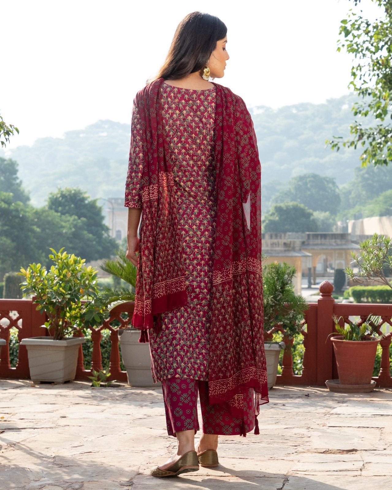 Burgundy & Green Block Butti Print Kurta Pant Suit Set