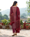 Burgundy & Green Block Butti Print Kurta Pants Suit Set ( Set of 3 )