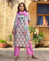 Off-white & Pink Block Print Cotton Kurta Pant Set