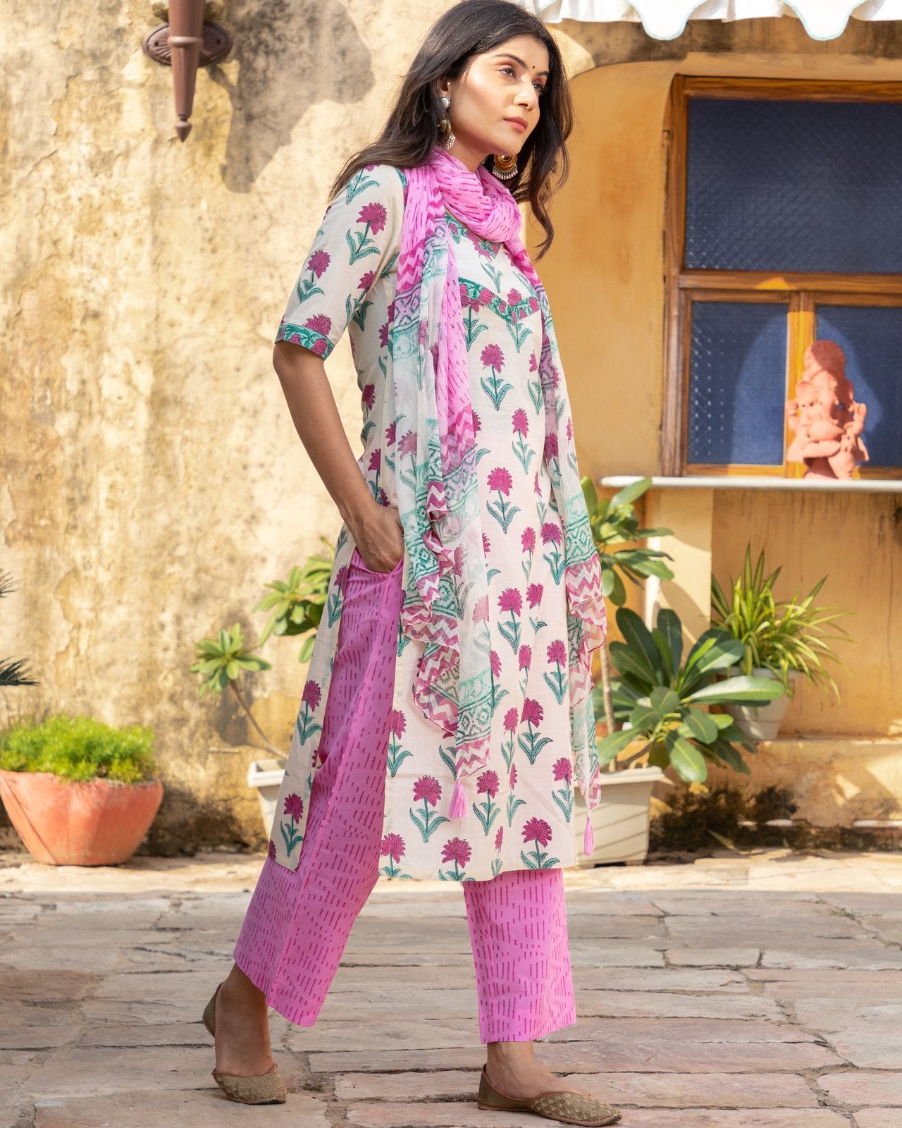 Off-white & Pink Block Print Cotton Kurta Pant Set