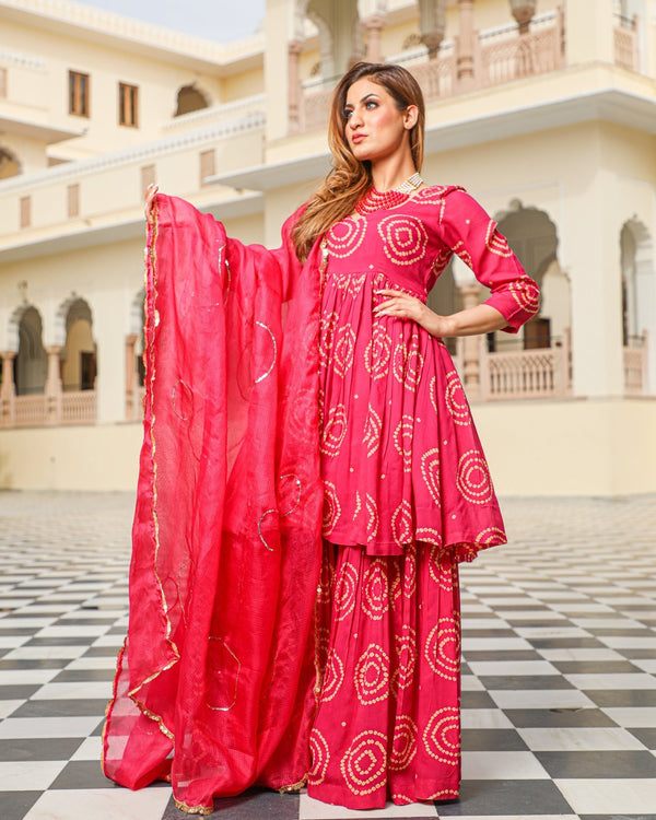 Rosy Bandhej Modal Kurta Sharara Dupatta Set