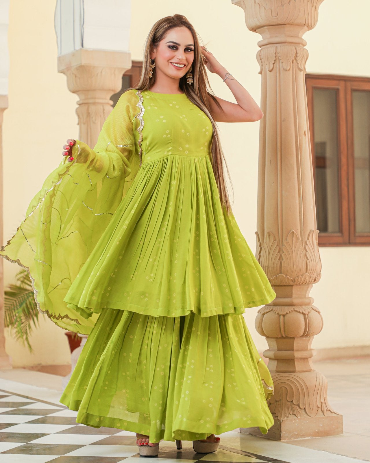 Naava Bandhej Modal Kurta Sharara Dupatta Set