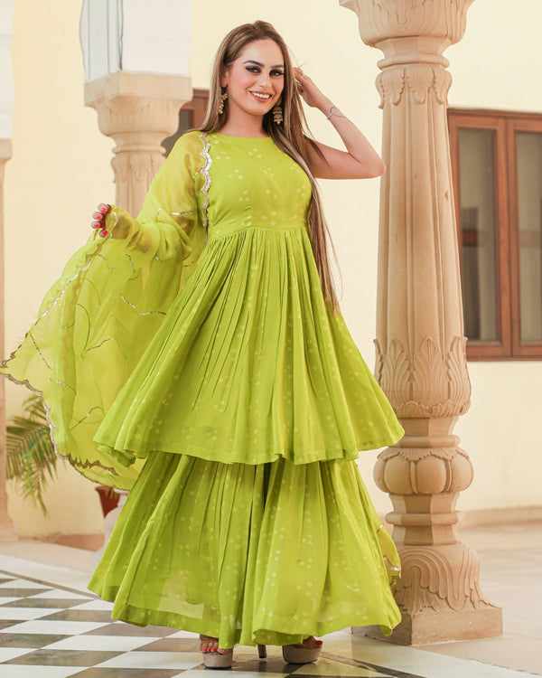 Naava Bandhej Modal Kurta Sharara Dupatta Set