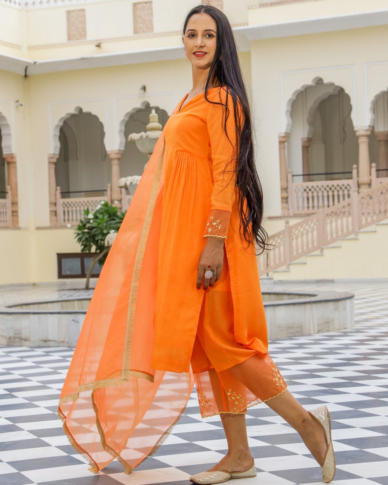 Orange Embroidery Modal Suit Set