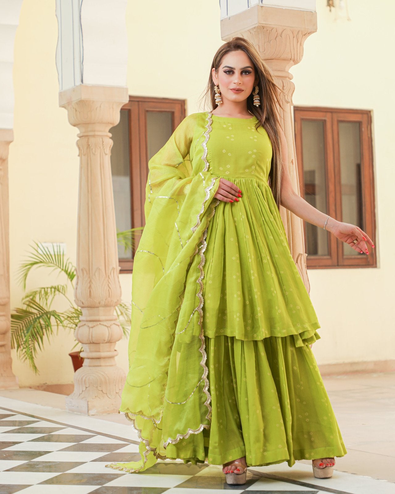 Naava Bandhej Modal Kurta Sharara Dupatta Set