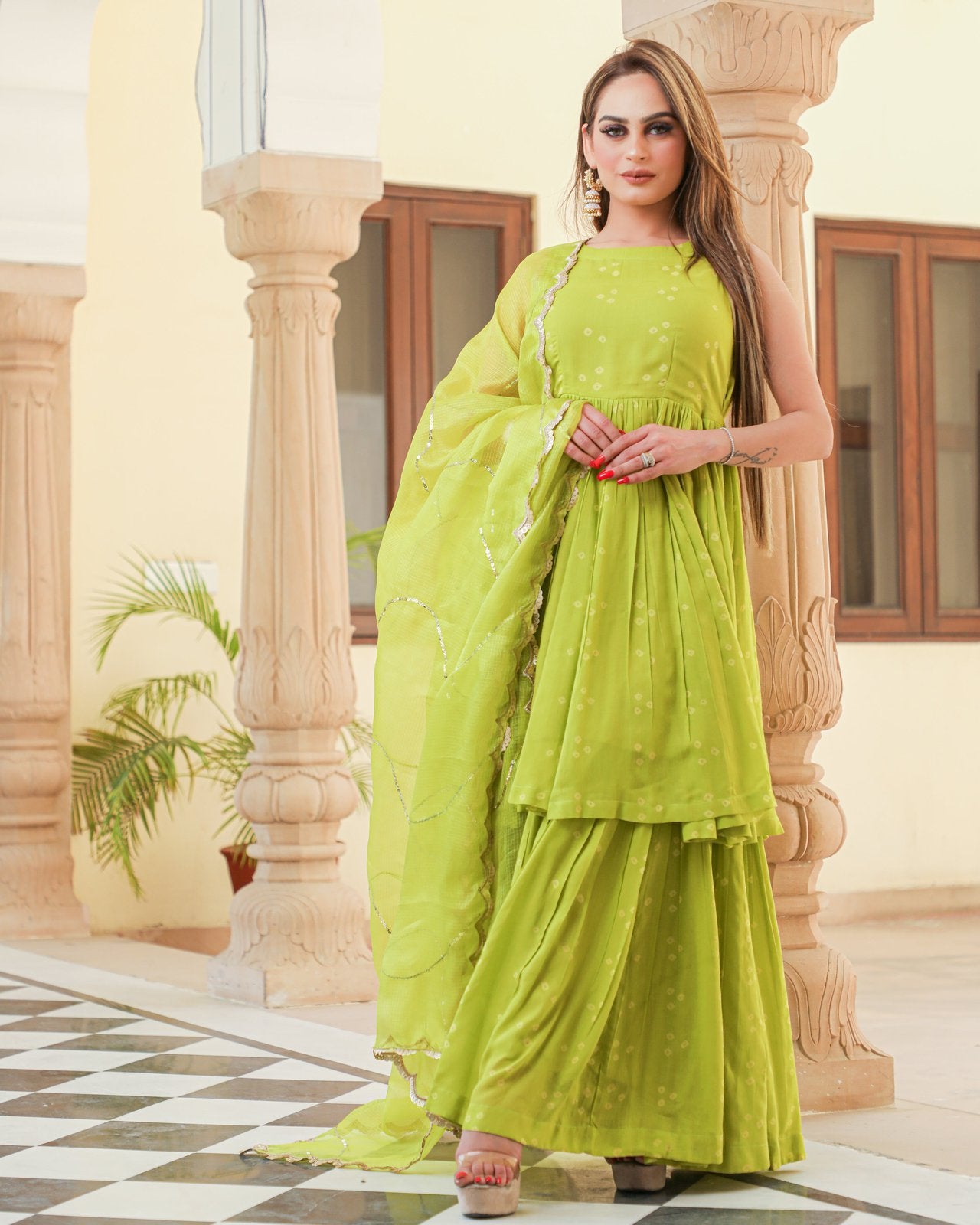 Naava Bandhej Modal Kurta Sharara Dupatta Set